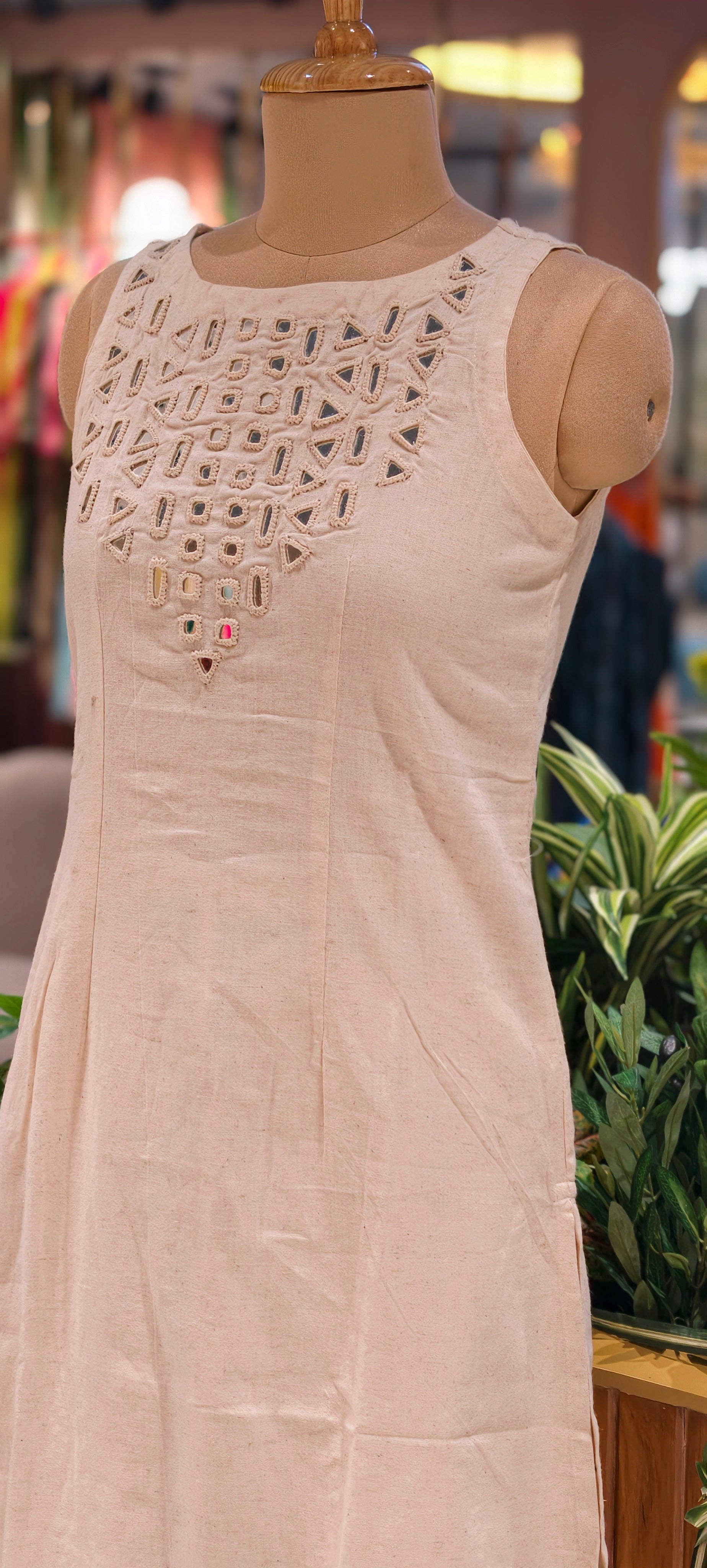 Elegant Handloom Cotton Sleeveless Kurta Set with Mirror Cutwork Neck With Loose Pants-14187 RB173