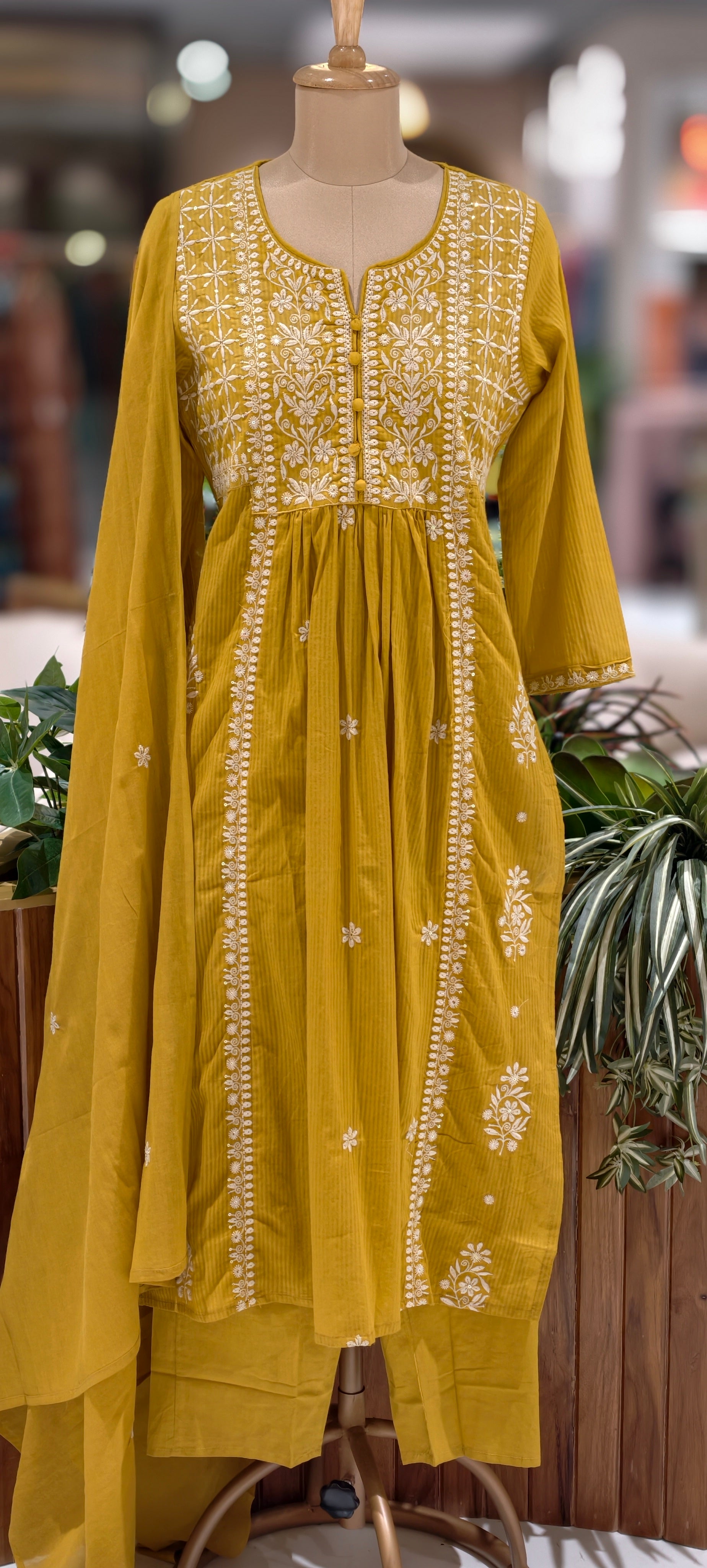 Chikankari Style Thread Embroidered Aline Kurta Set with Pants & Dupatta