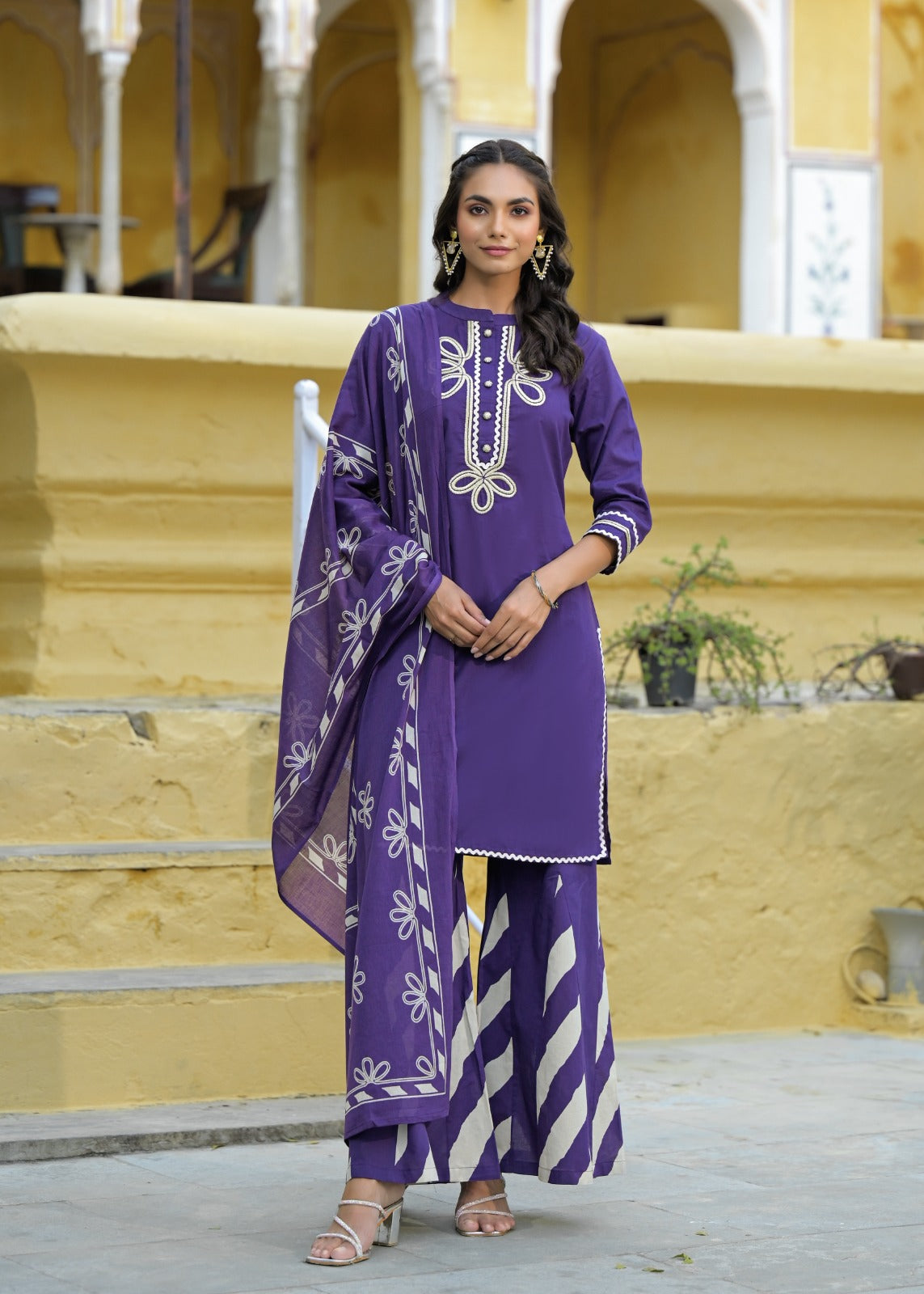Summer Wear Embroidered Cotton Kurta With Taper Palazzo With Dupatta-12210,12211,12212,12209