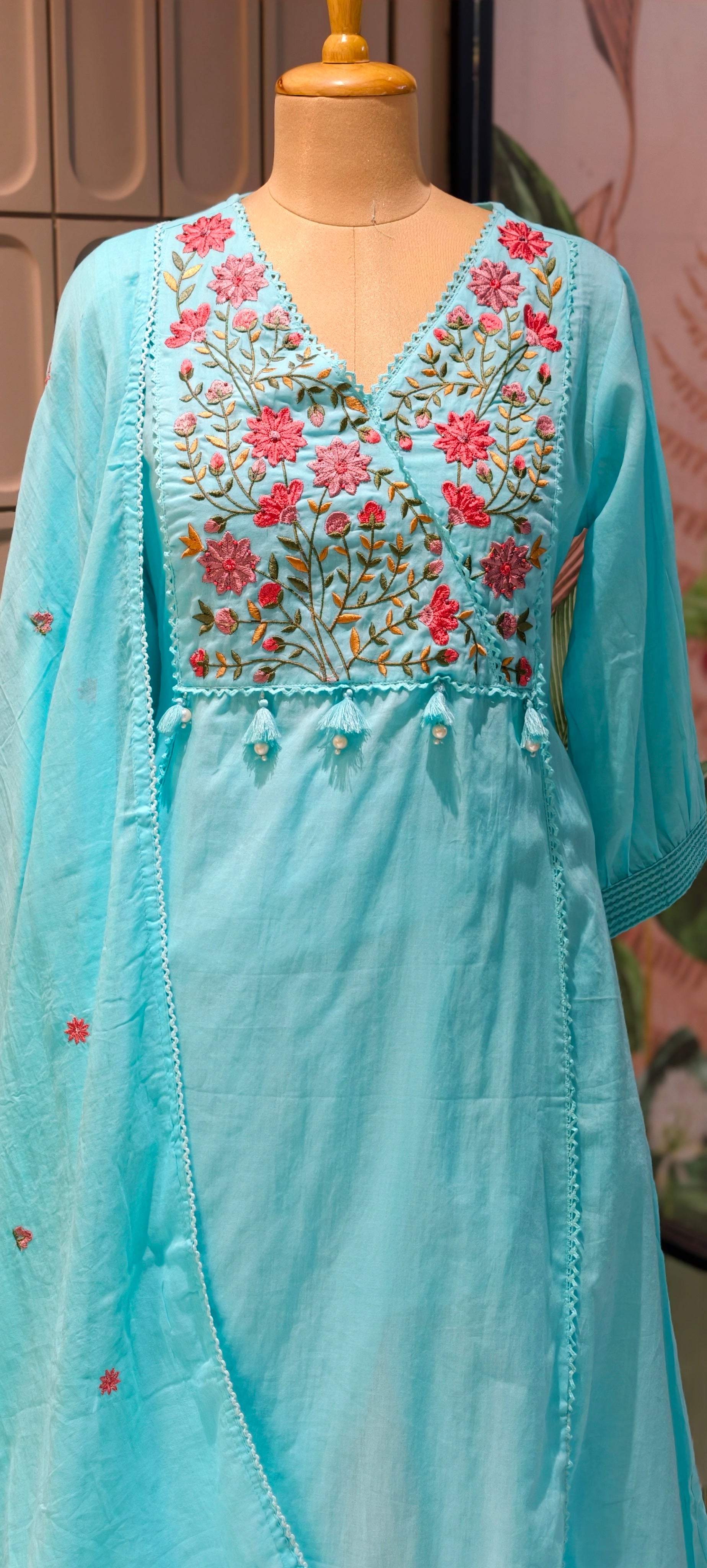 Mul Cotton A-Line Kurta Sets with Embroidered Yoke, Straight Pants and Dupatta-13881