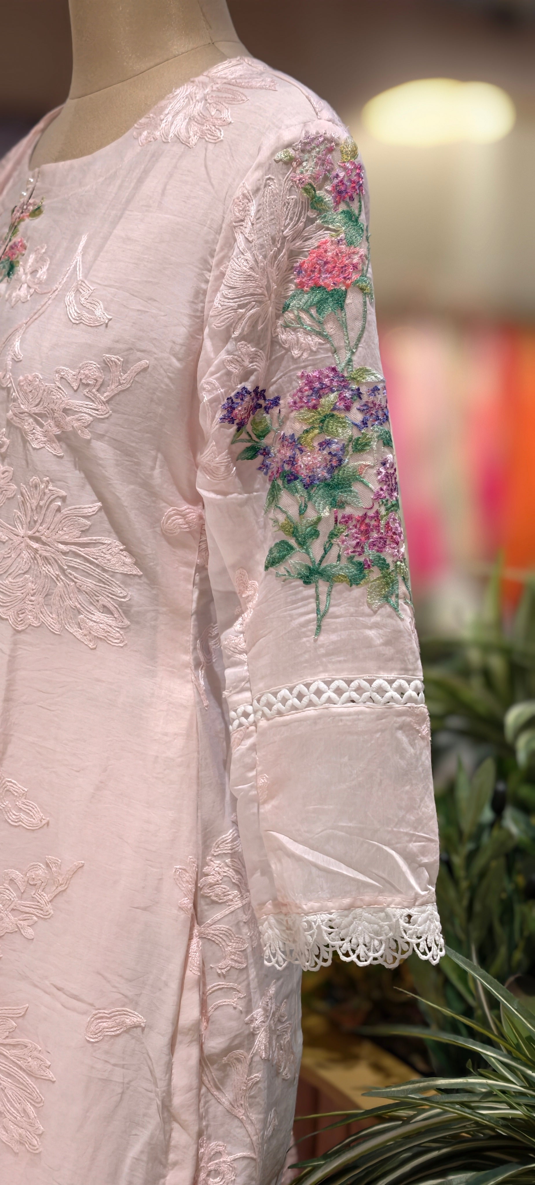 3D Floral Appliqués On Shoulder & Front Sheer Thread Embroidered Full Suit Set With Dupatta- 13681
