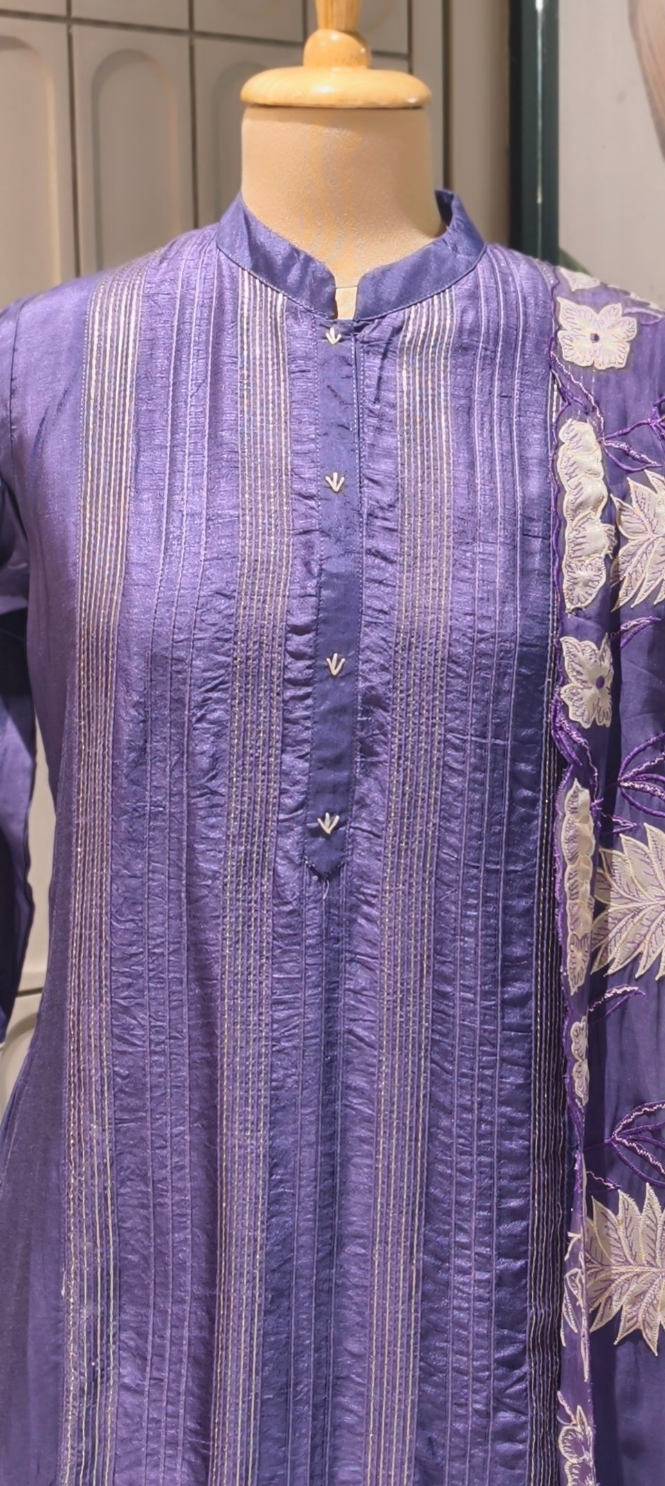 Elegant Silk Kurta full Set with Pintuck Detailing and Embroidered Sleeves with Organza Dupatta