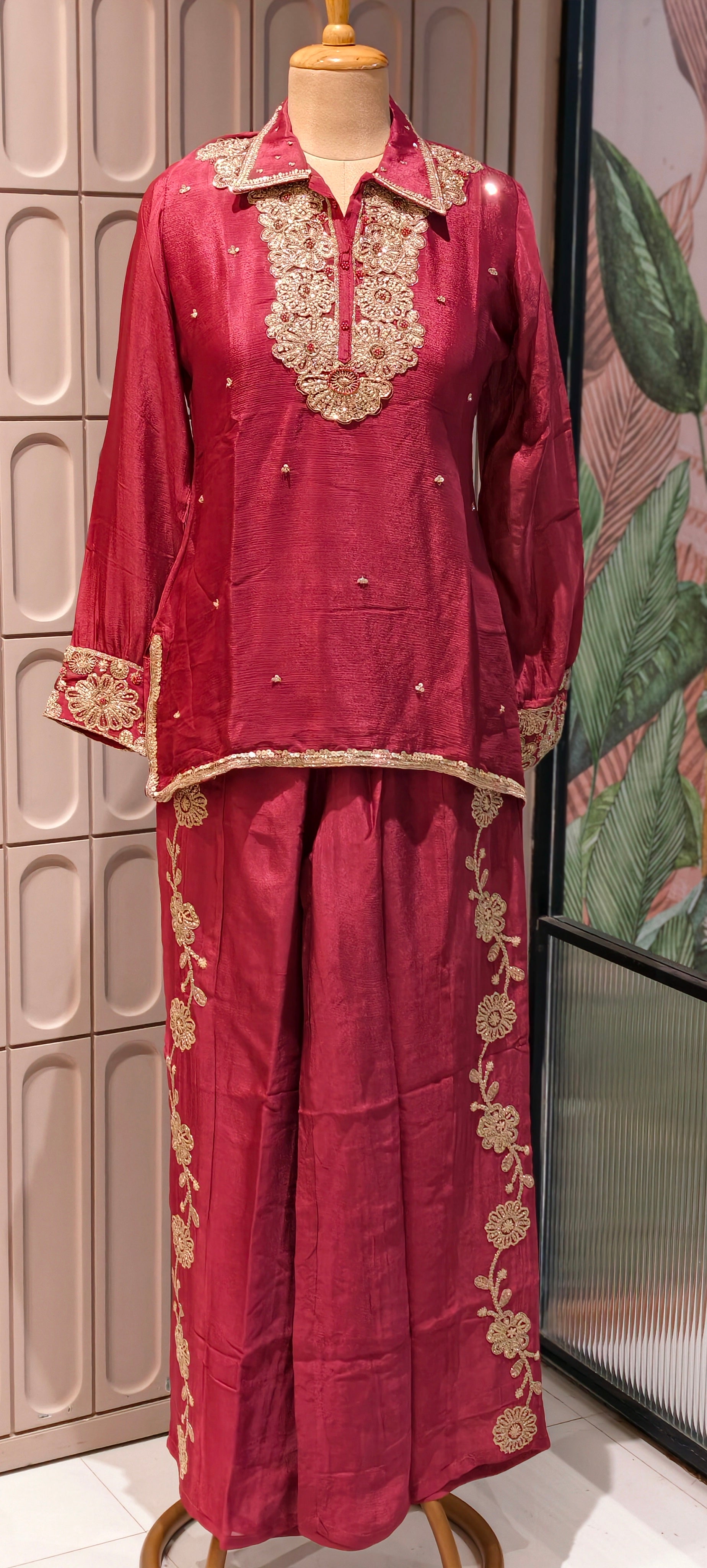 Designer Shirt Style Kurta Luxury Chinon Fabric Co-Ord Set with Intricate Embroidery 13996 RB07