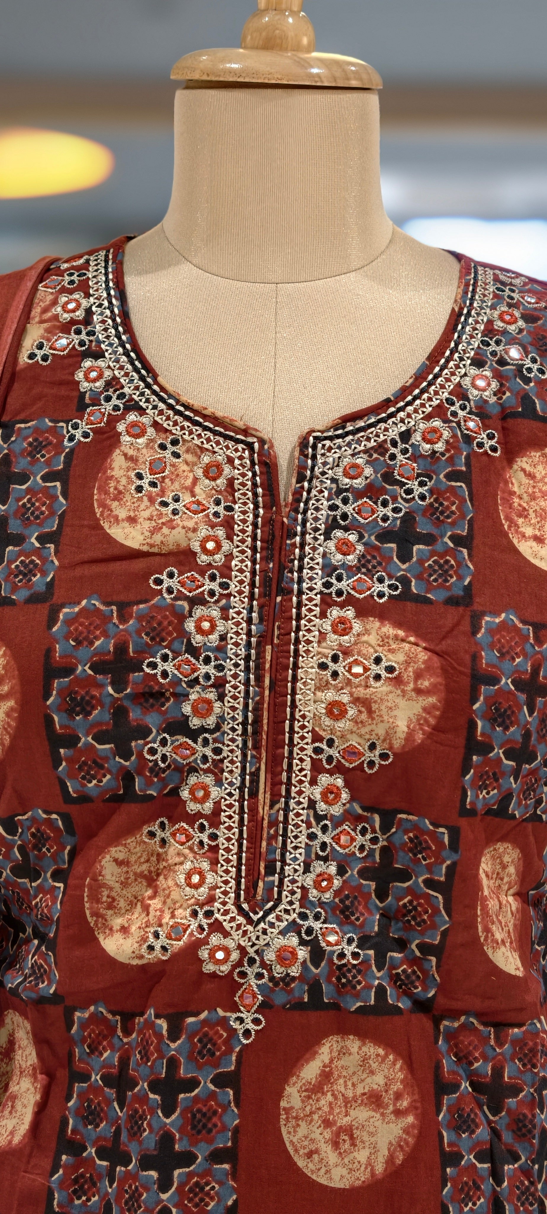 Cotton Casual & Office Wear Rust Maroon Ethnic Block Printed Straight Kurta with Embroidered Neckline Full Suit Set–13680