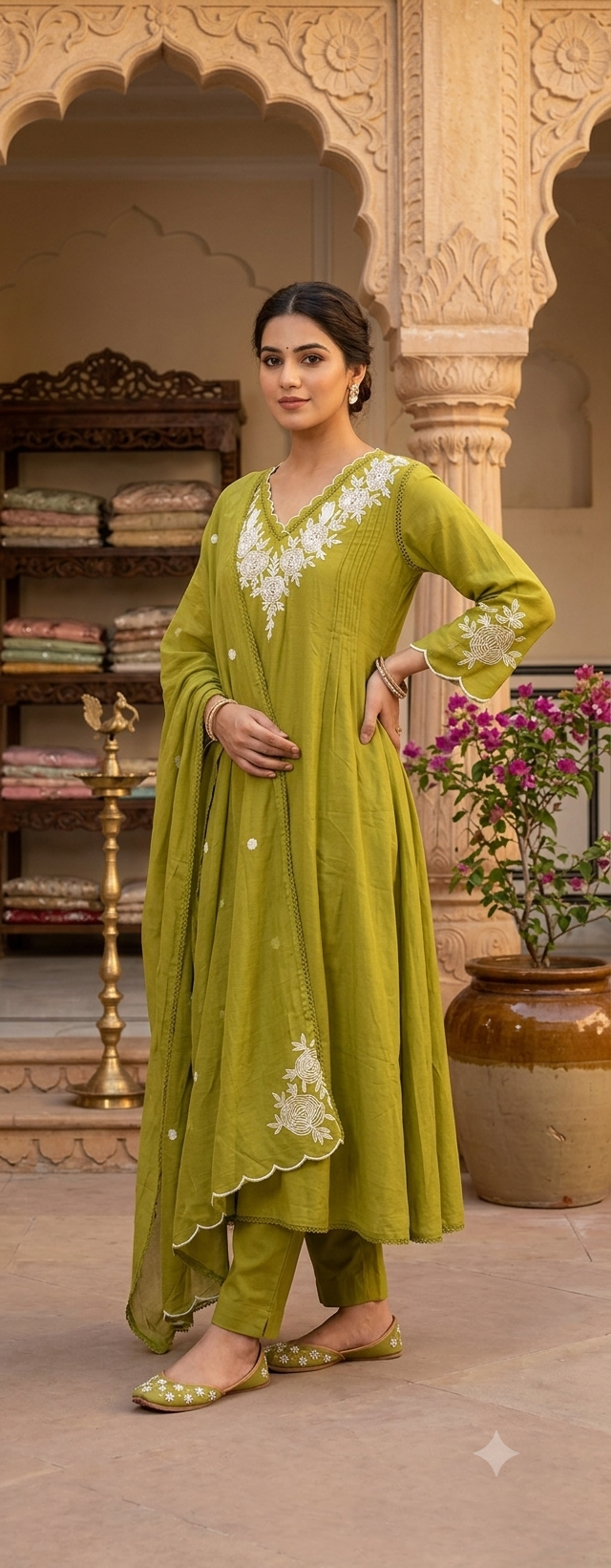 Leafy Green Thread Embroidered  Pure Cotton Solid Shade Full Suit Set 13910