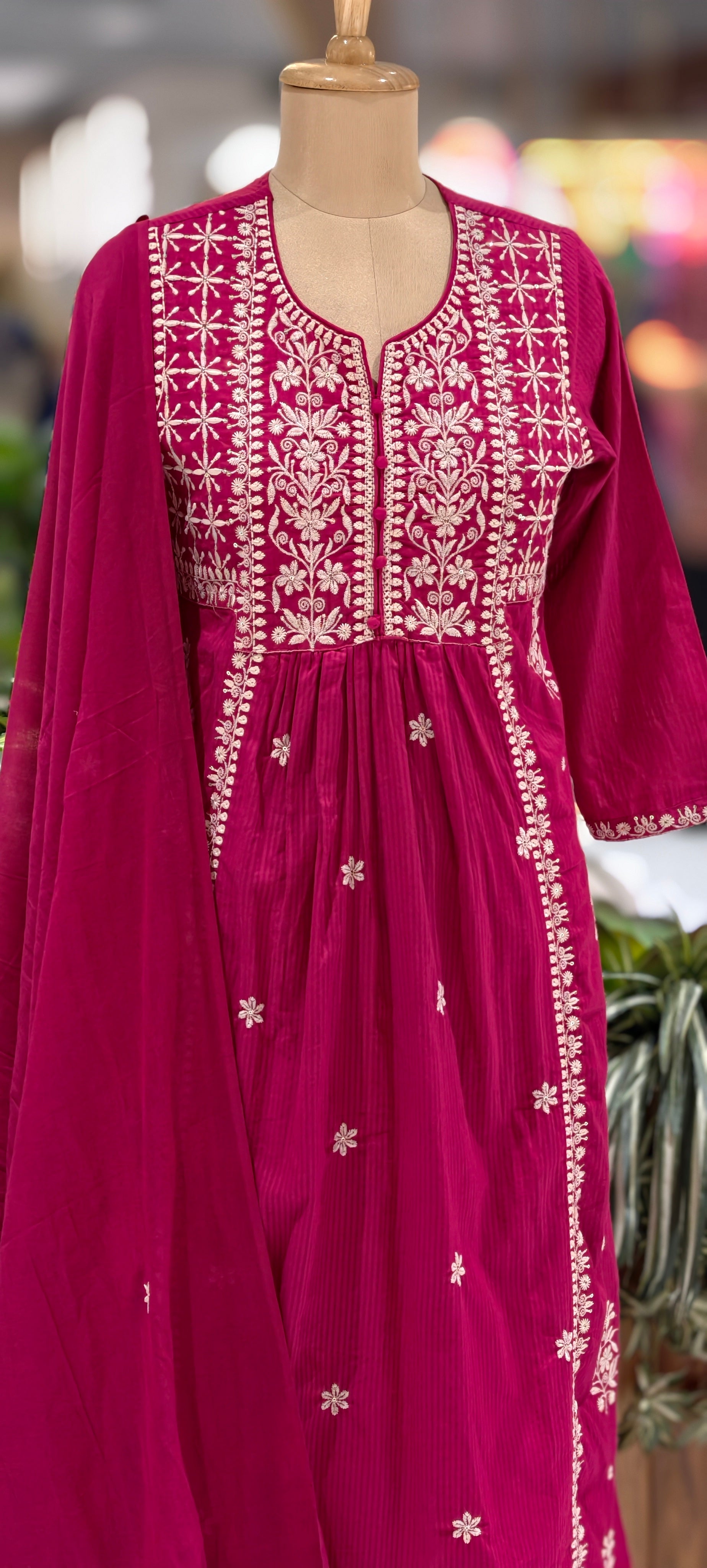 Chikankari Style Thread Embroidered Aline Kurta Set with Pants & Dupatta