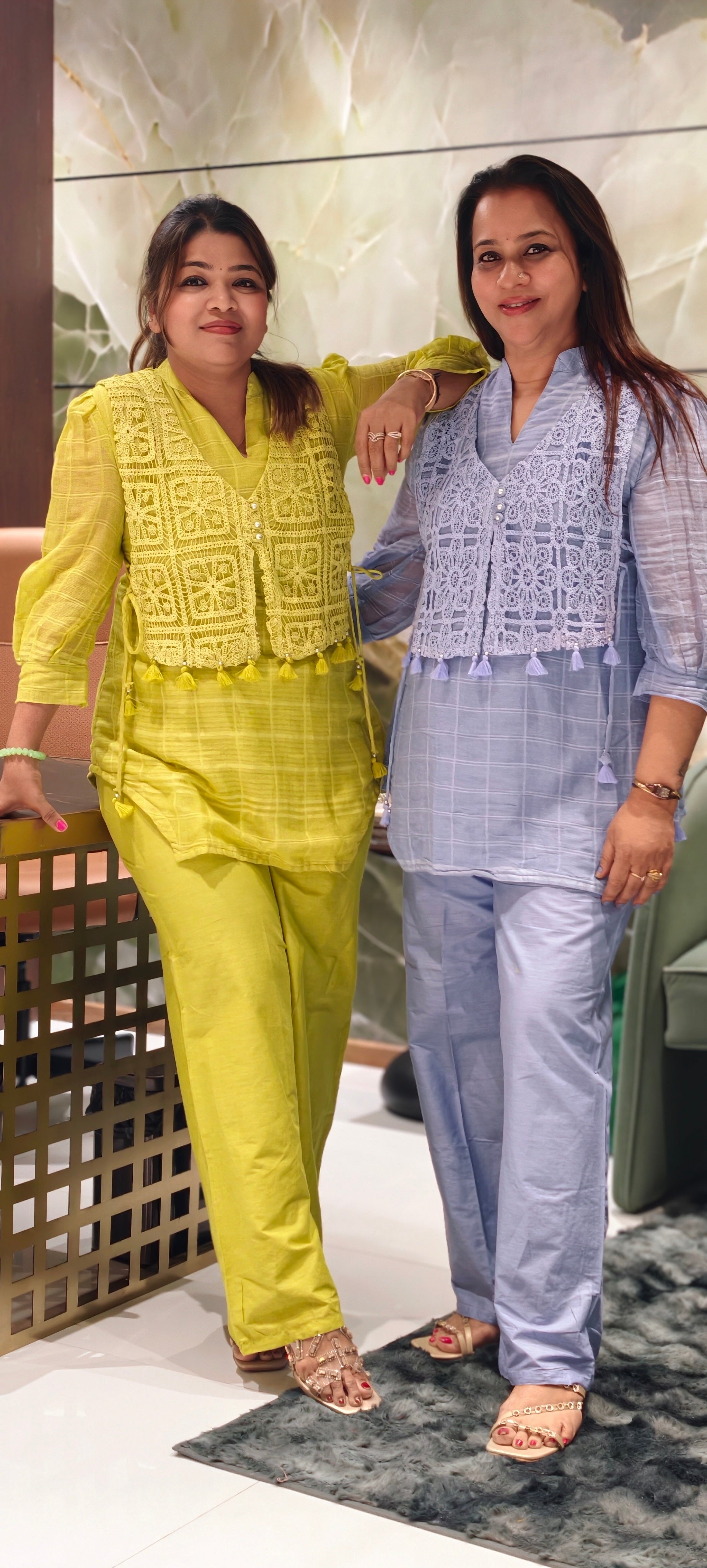 Fresh Lime & Sky Blue Crochet Embroidered Overlay Tassel Accent Mul-Cotton Co-Ord Set- 15841