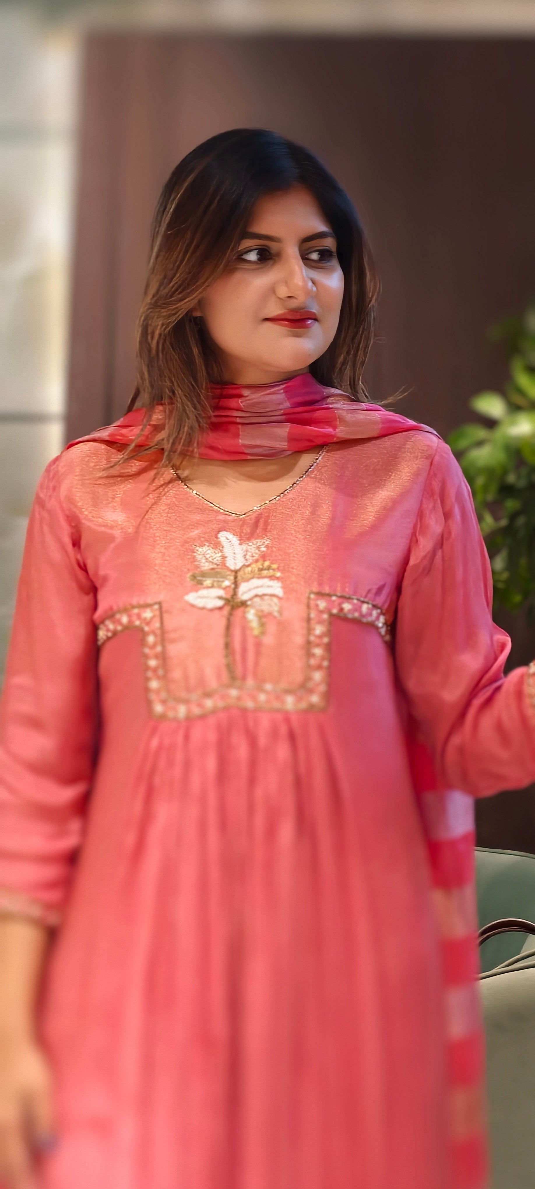 Ghoomar Palm Inspired Embroidered Yoke Chinon Matching Anarkali Full Suit Set With Dupatta- 15235