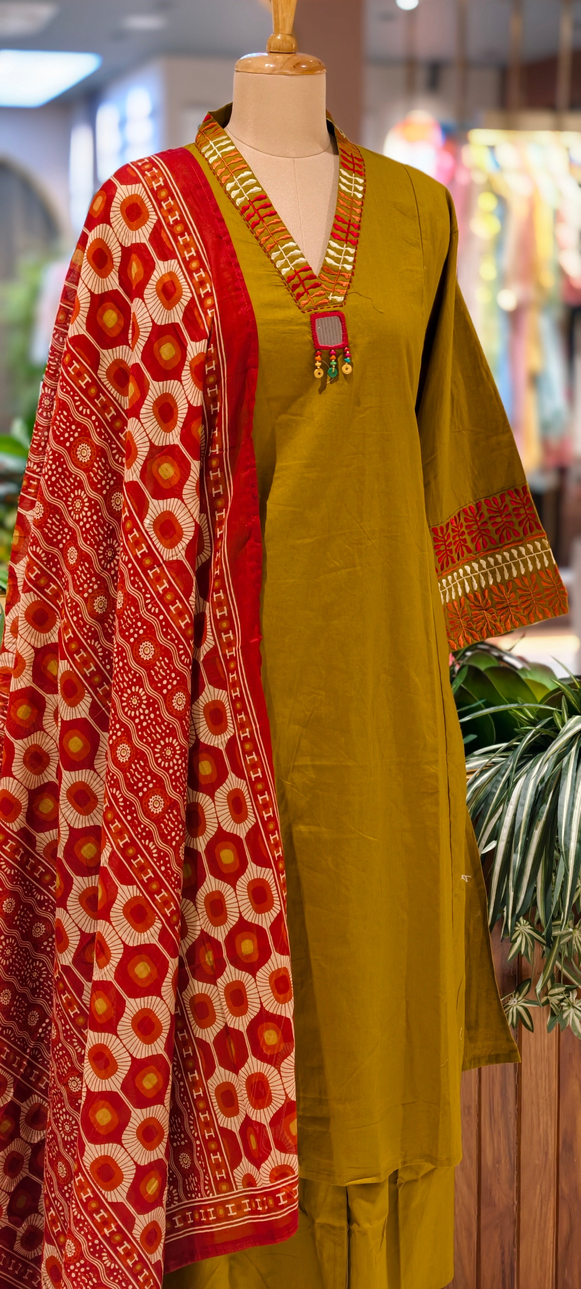 Premium Cotton Ethnic Suit Set with Ajrakh Printed Dupatta & Statement Neck Detailing 13915 RB38