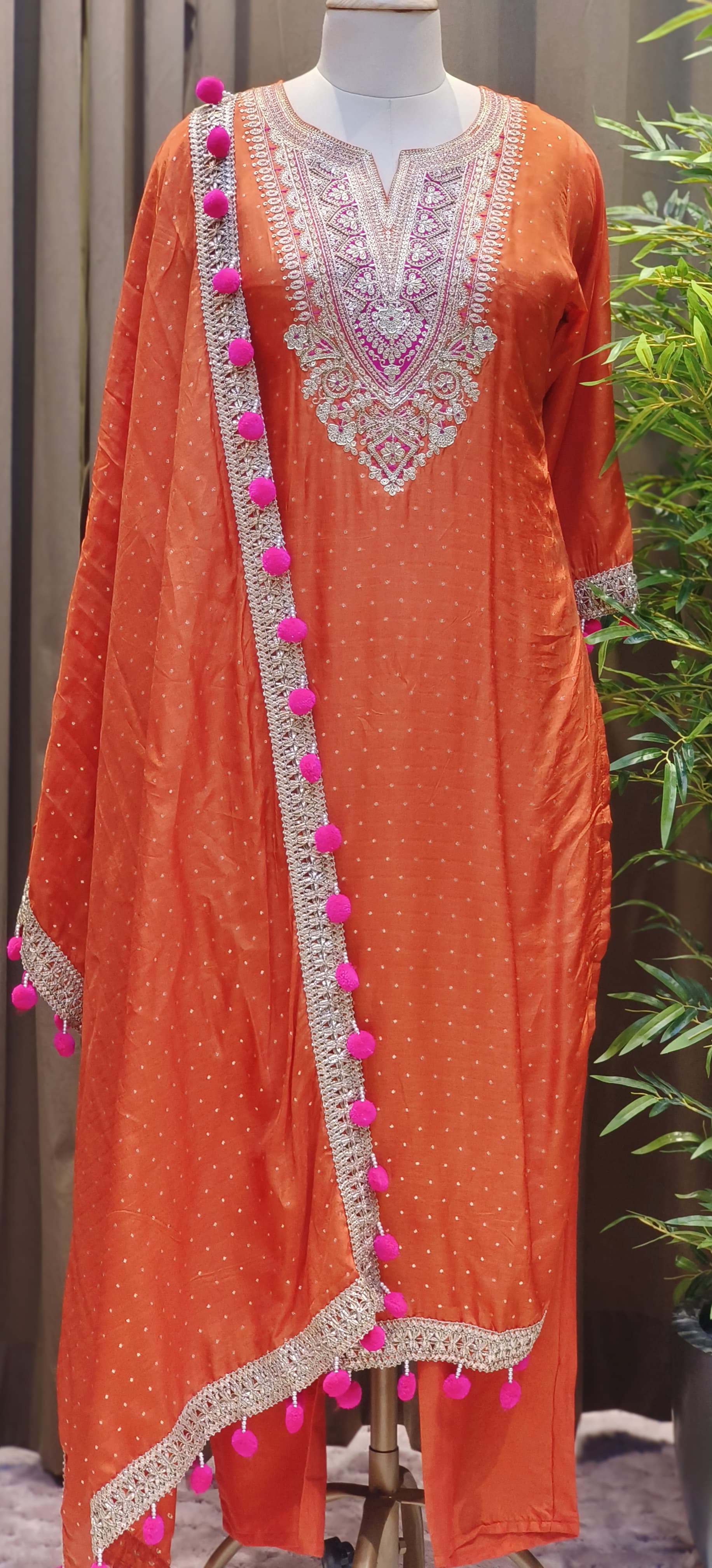 Dola Silk Embroidered Kurta Set with Heavy Zari & Thread Work Yoke, Matching Pants, and Pom-Pom Detailed Dupatta-12706,12705