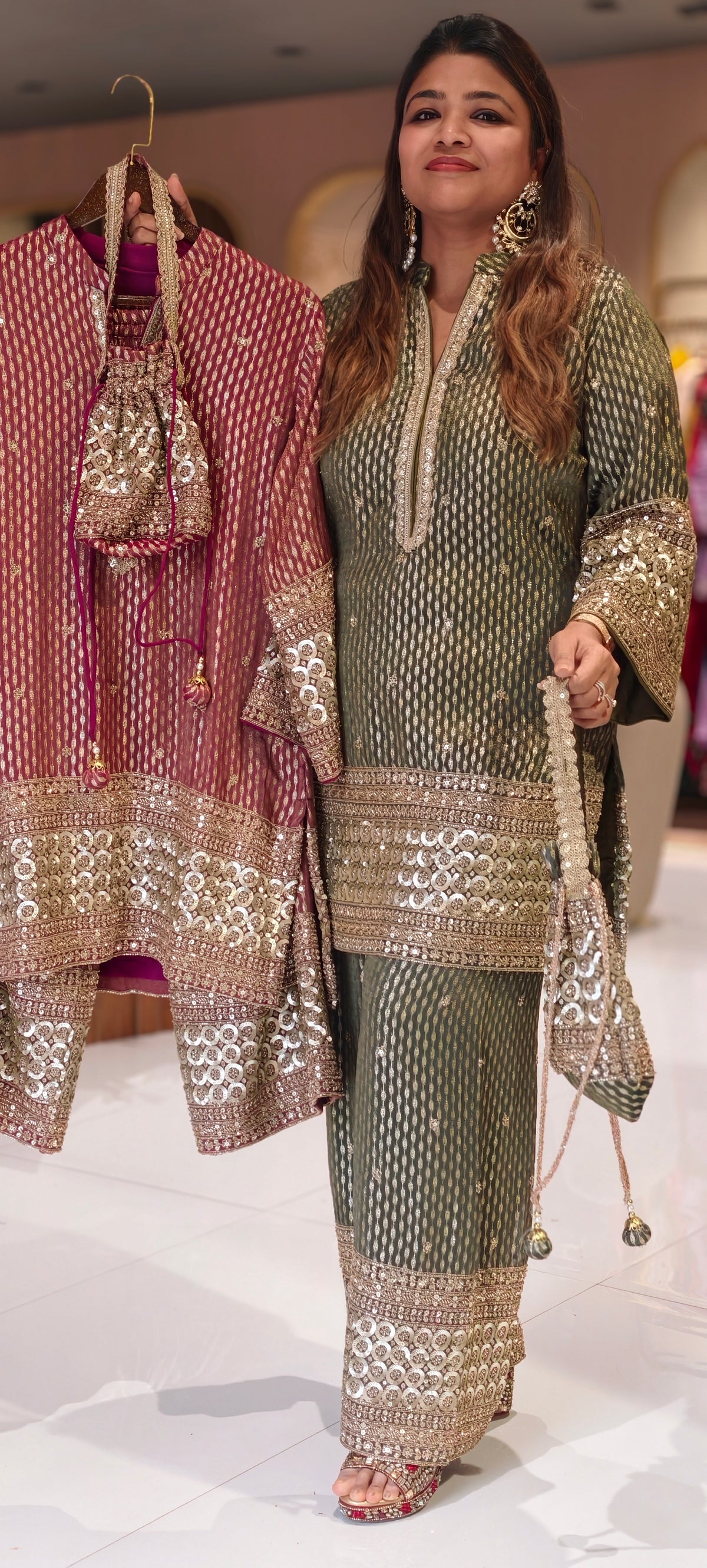 Crimson Sage Abstract Printed Short Kurta Set with Heavy Circle Lace Embroidered Borders & Flared Palazzo Pants-