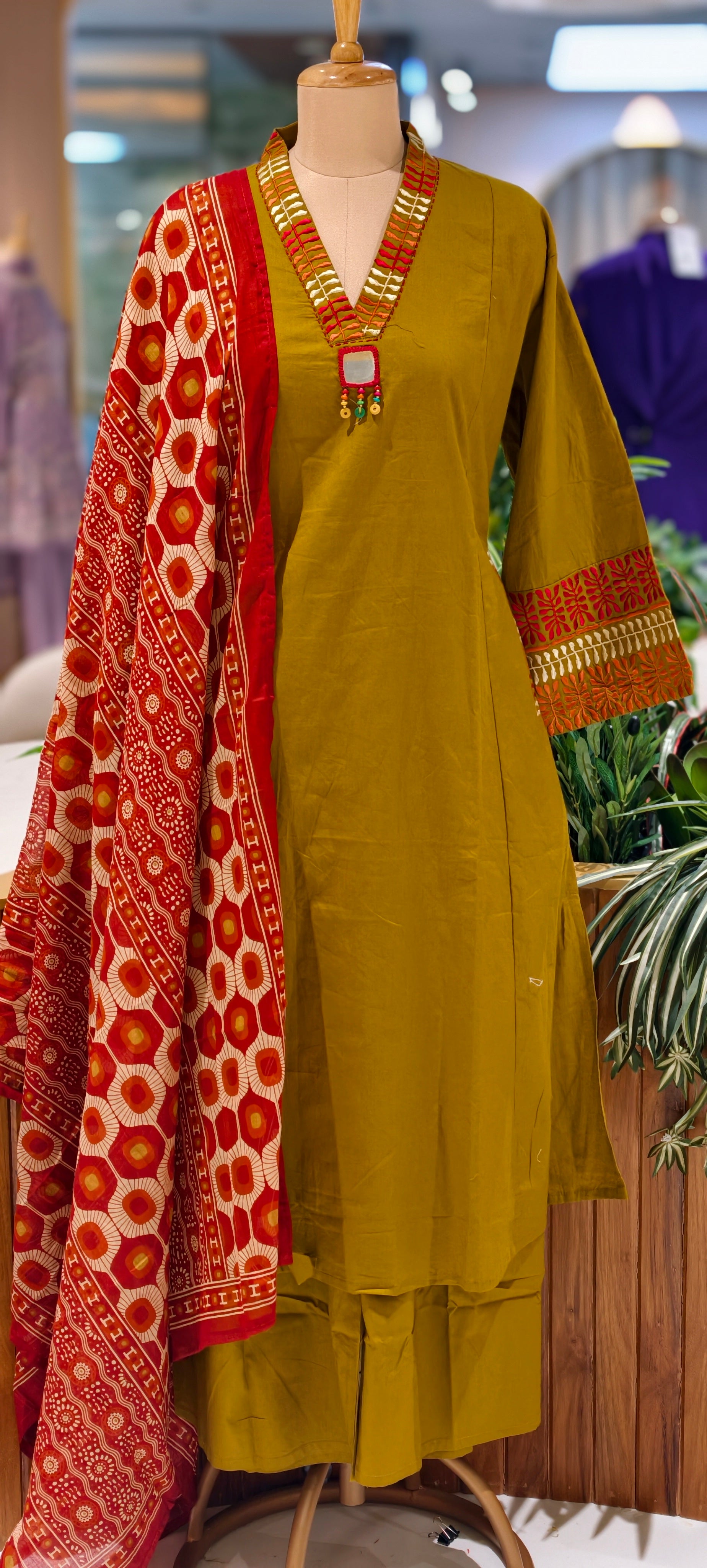 Premium Cotton Ethnic Suit Set with Ajrakh Printed Dupatta & Statement Neck Detailing 13915 RB38