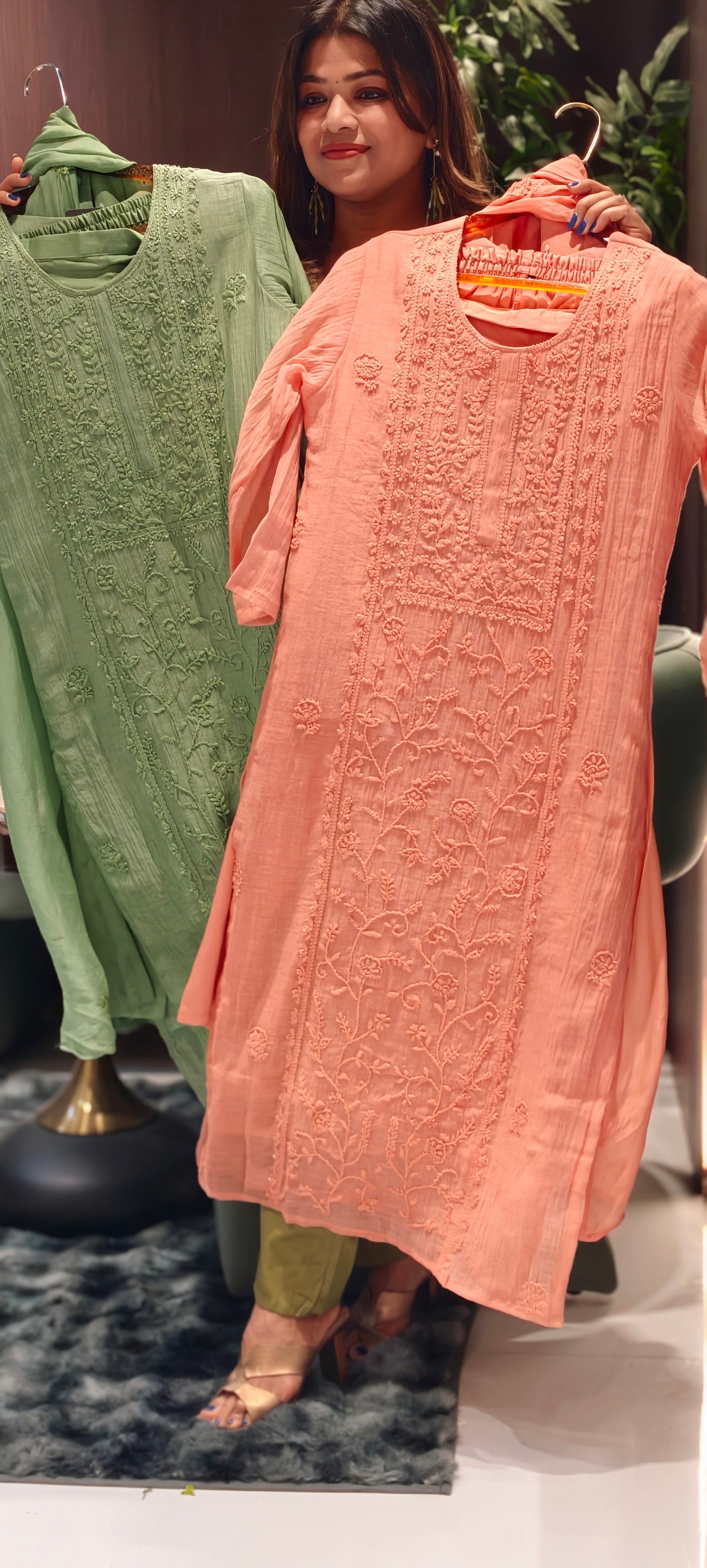 Premium Crush Mul Chanderi Fabric Straight Cut Full Suit Set with Intricate Self Thread Embroidery 14084 RB96