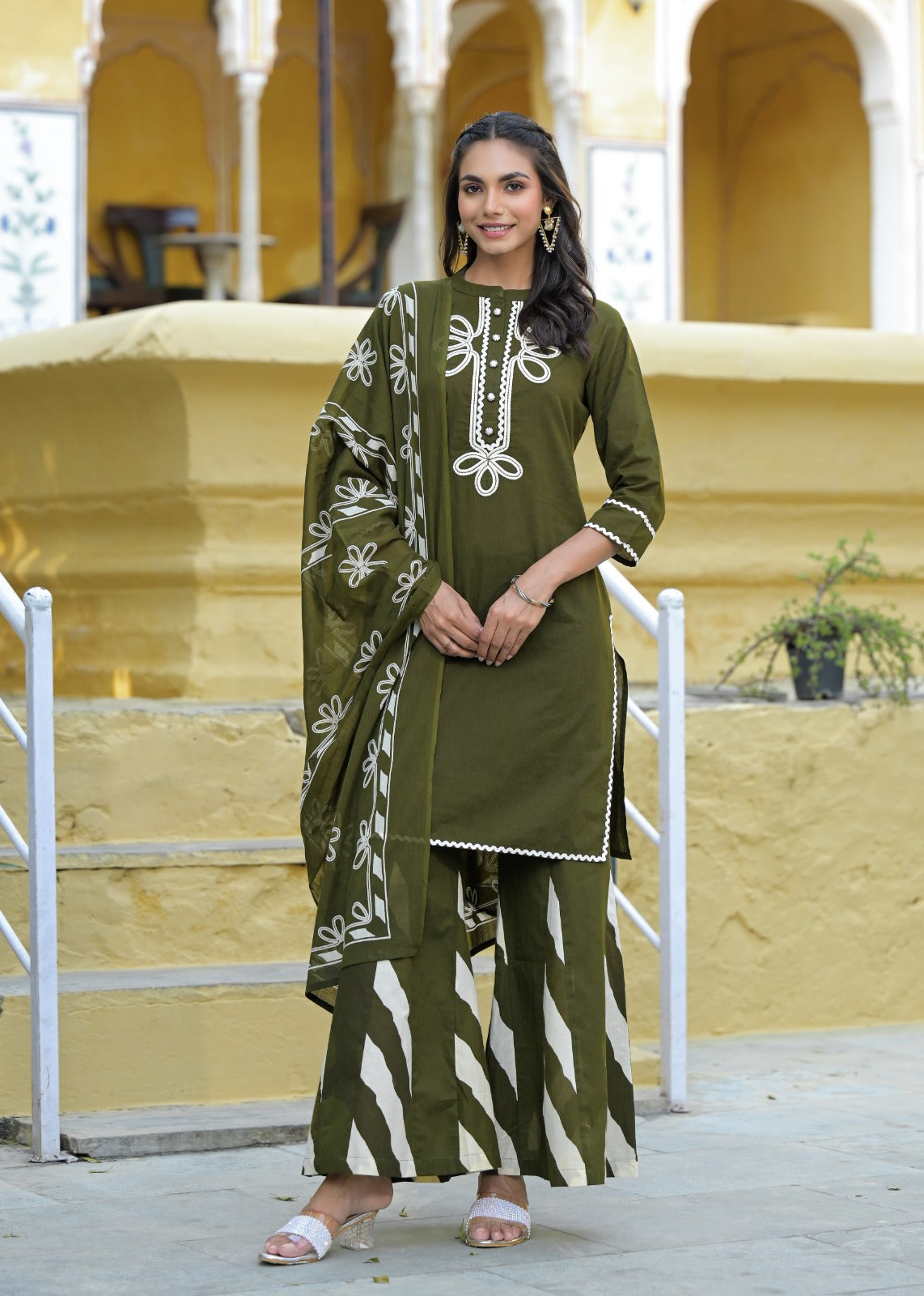 Summer Wear Embroidered Cotton Kurta With Taper Palazzo With Dupatta-12210,12211,12212,12209