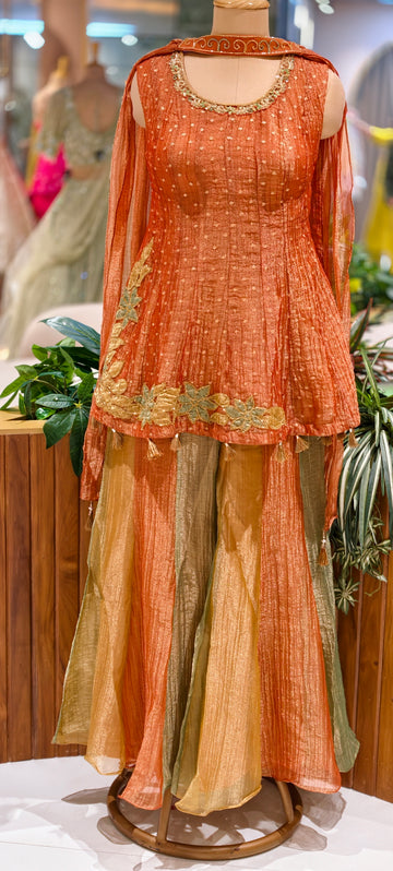 Peach Crush Tissue Peplum short Top with Floral Embroidered Border, Tassel Detailing & Multi-Tone Panel Palazzo Pants with choker Dupatta  inside Sleeves Seperate 16893