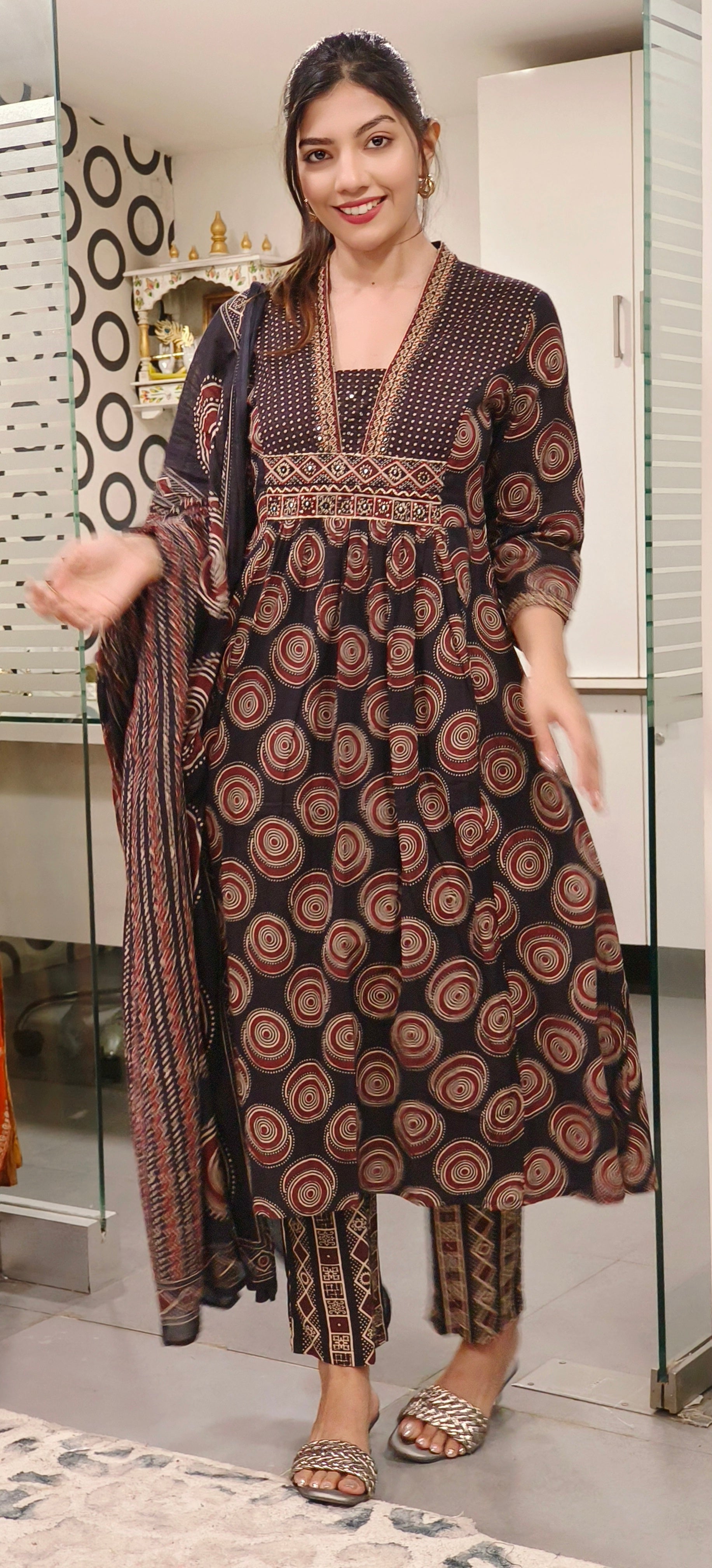 Elegant Pure Cotton Printed A-Line Kurta with V-Neckline, Coordinated Pants, and Dupatta – Perfect for Effortless Grace