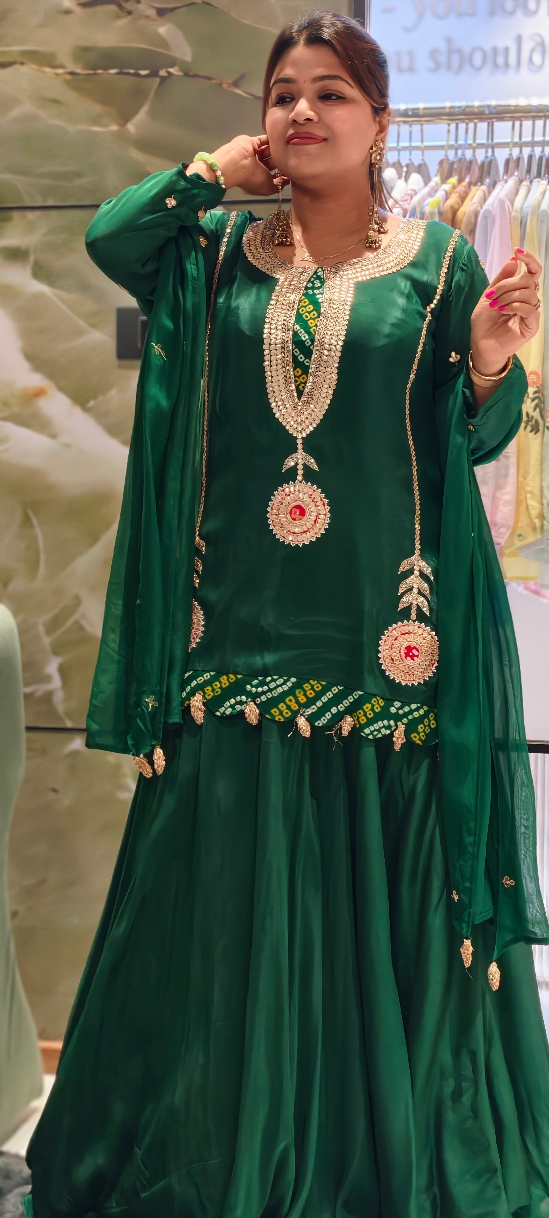 Bandhej Highlights Elegant Gotta Detailing Crepe Full Suit Set With Flared Skirt Bottom & Dupatta- 15852