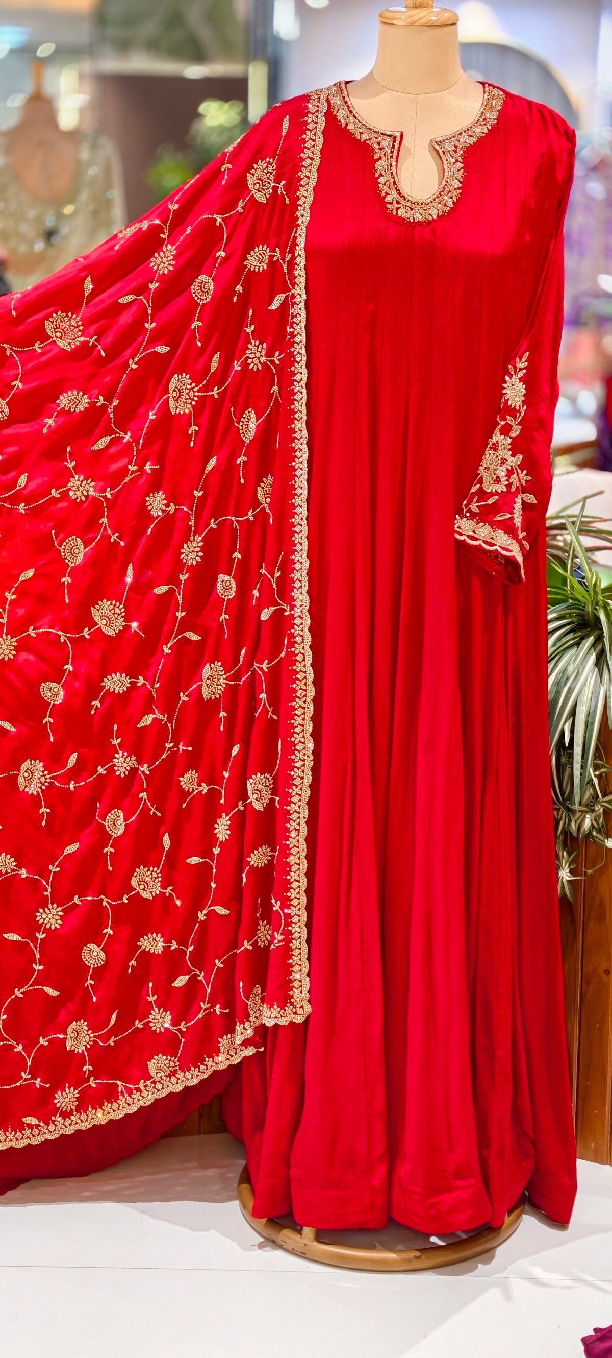 Chinon Anarkali Suit Floor Length with Heavy Golden Embroidered Dupatta, Intricate cutdana Work on Neck 16917