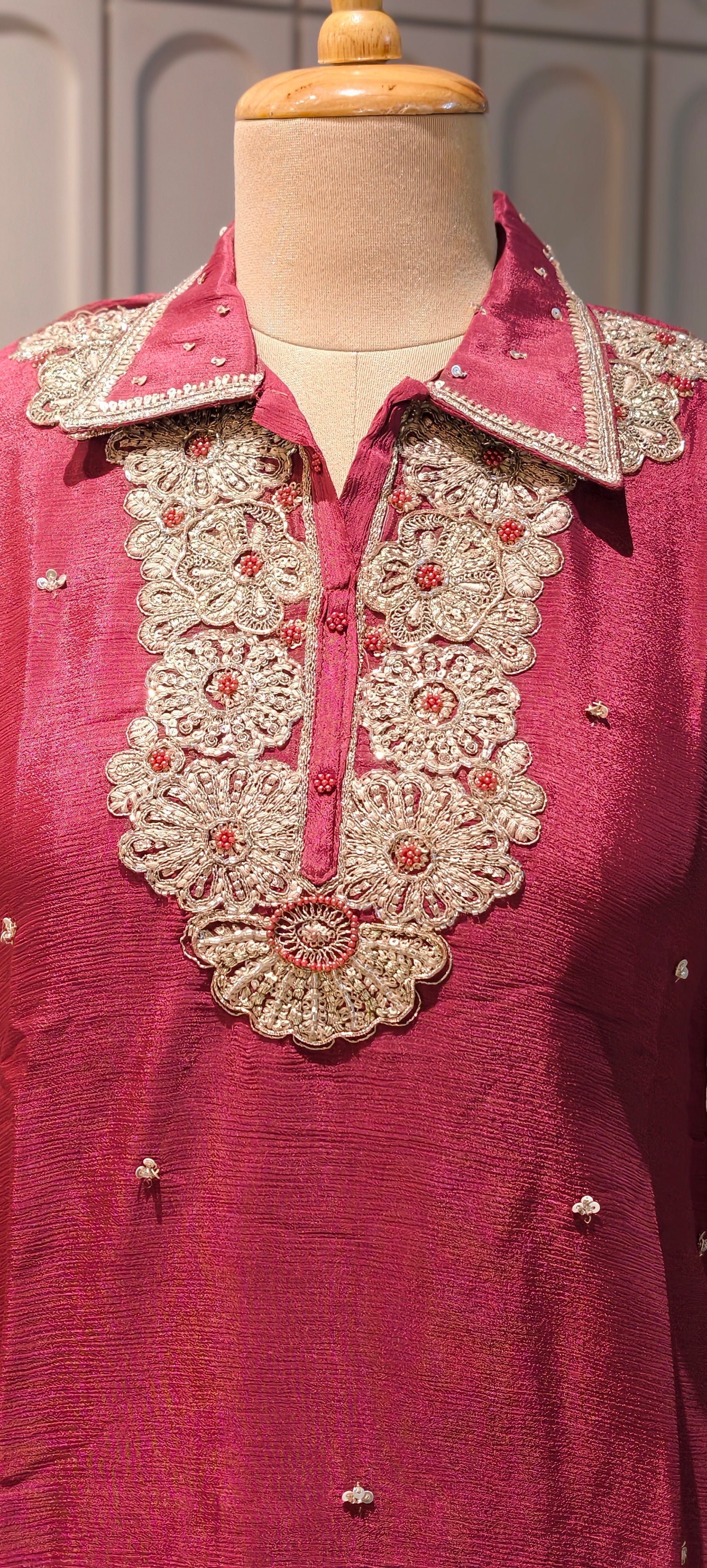 Designer Shirt Style Kurta Luxury Chinon Fabric Co-Ord Set with Intricate Embroidery 13996 RB07