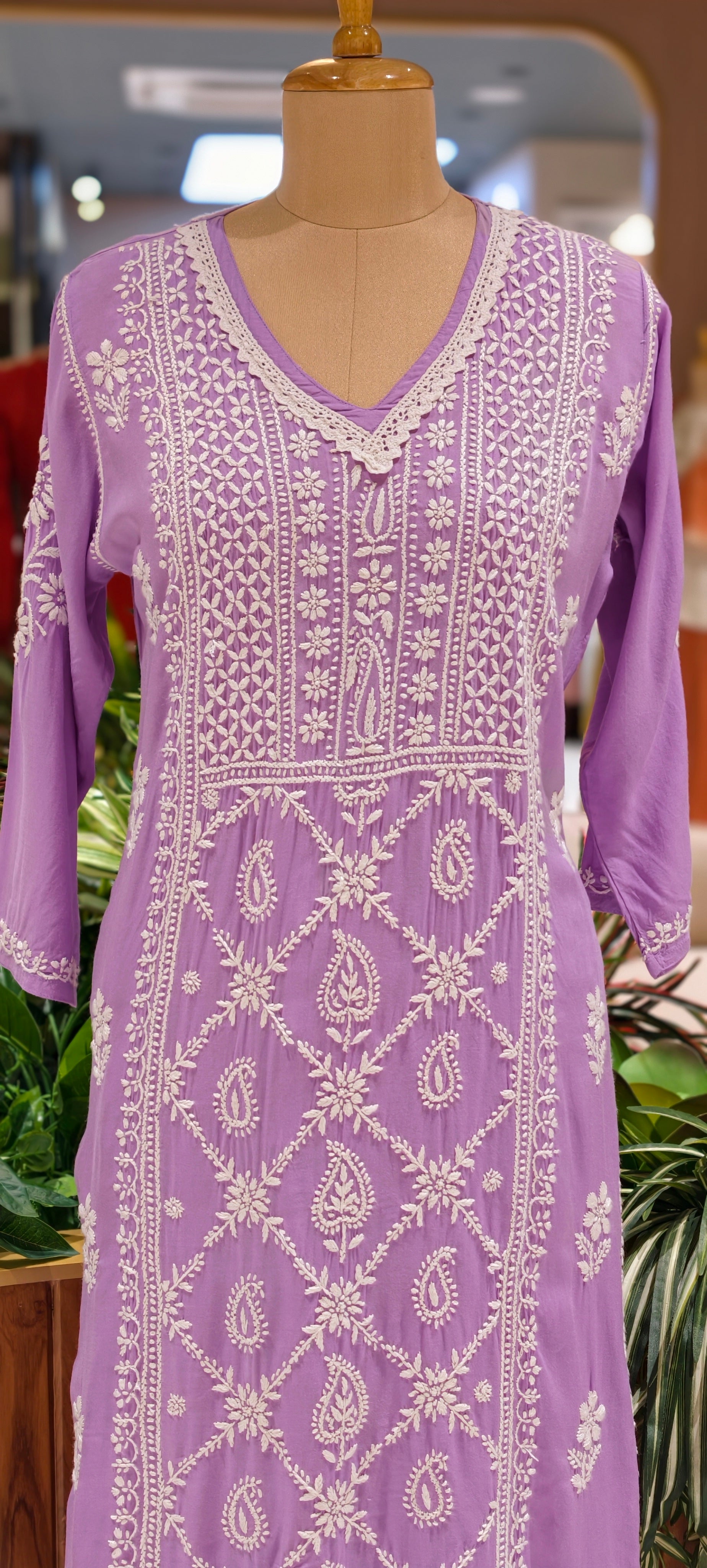 Beautiful Muslin Fabric without Lining  Lucknowi style kurta pant set with Intricate White Thread Embroidery -13947
