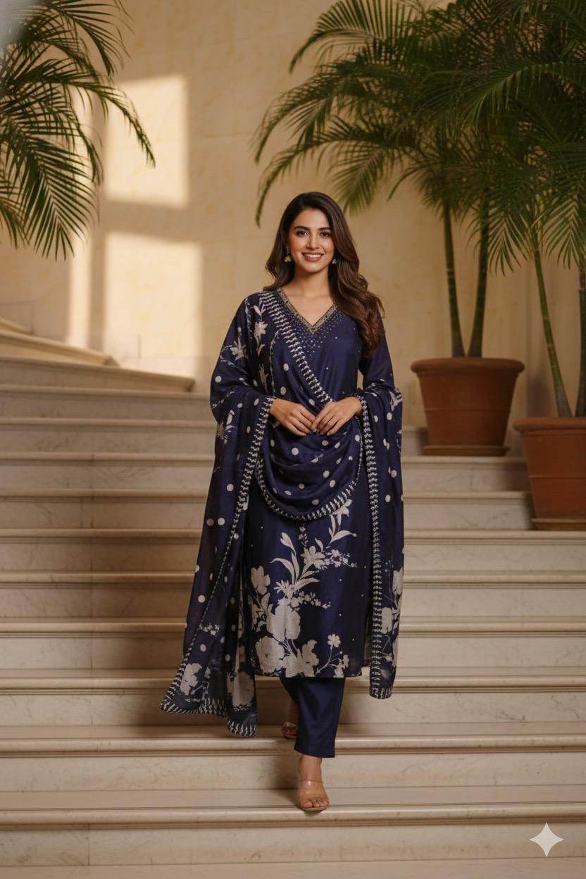 Dotted Tiny Foil Minimal Floral Printed Full Suit Set With Dupatta In Dola Silk Fabric- 11667