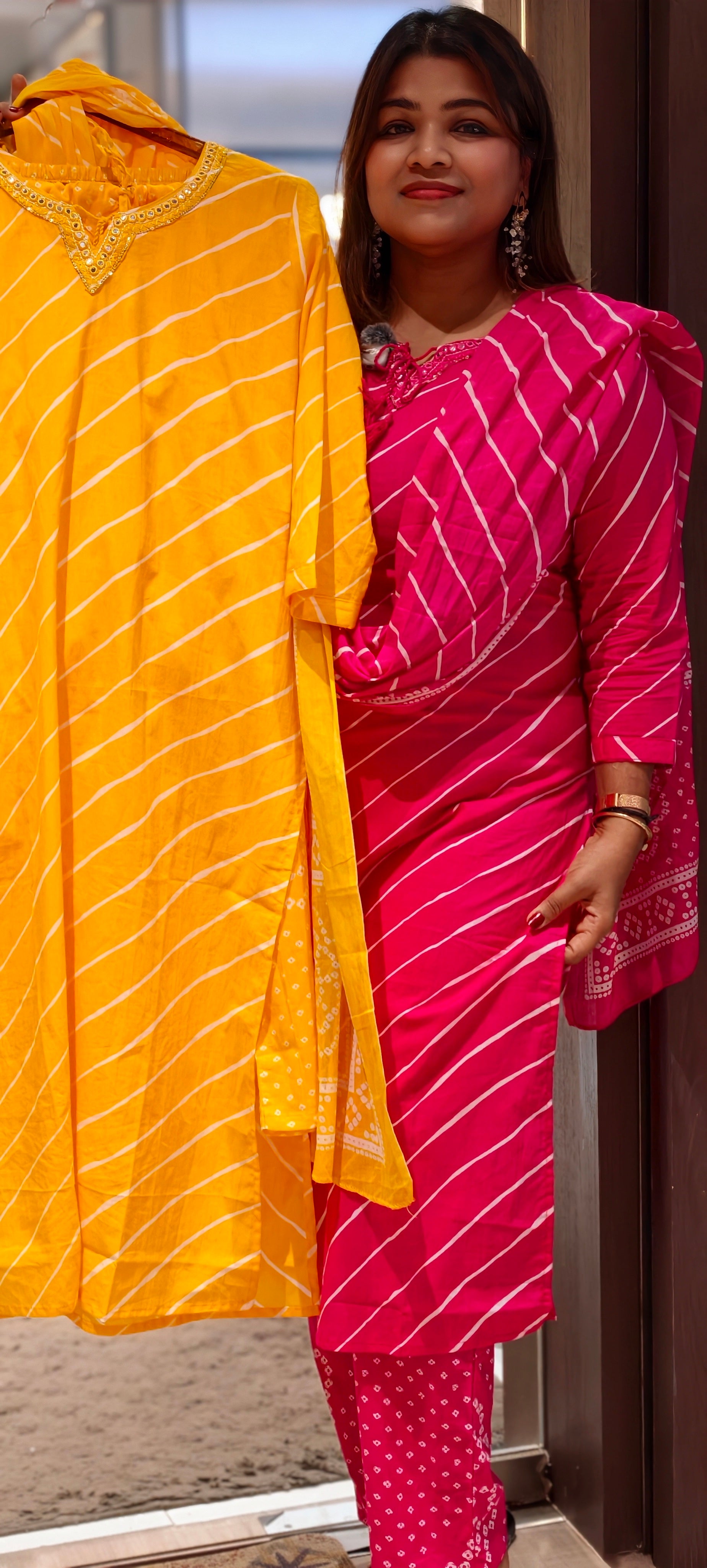 Premium Leheriya Print Cotton Full Suit Set with Matching Dupatta- 15475