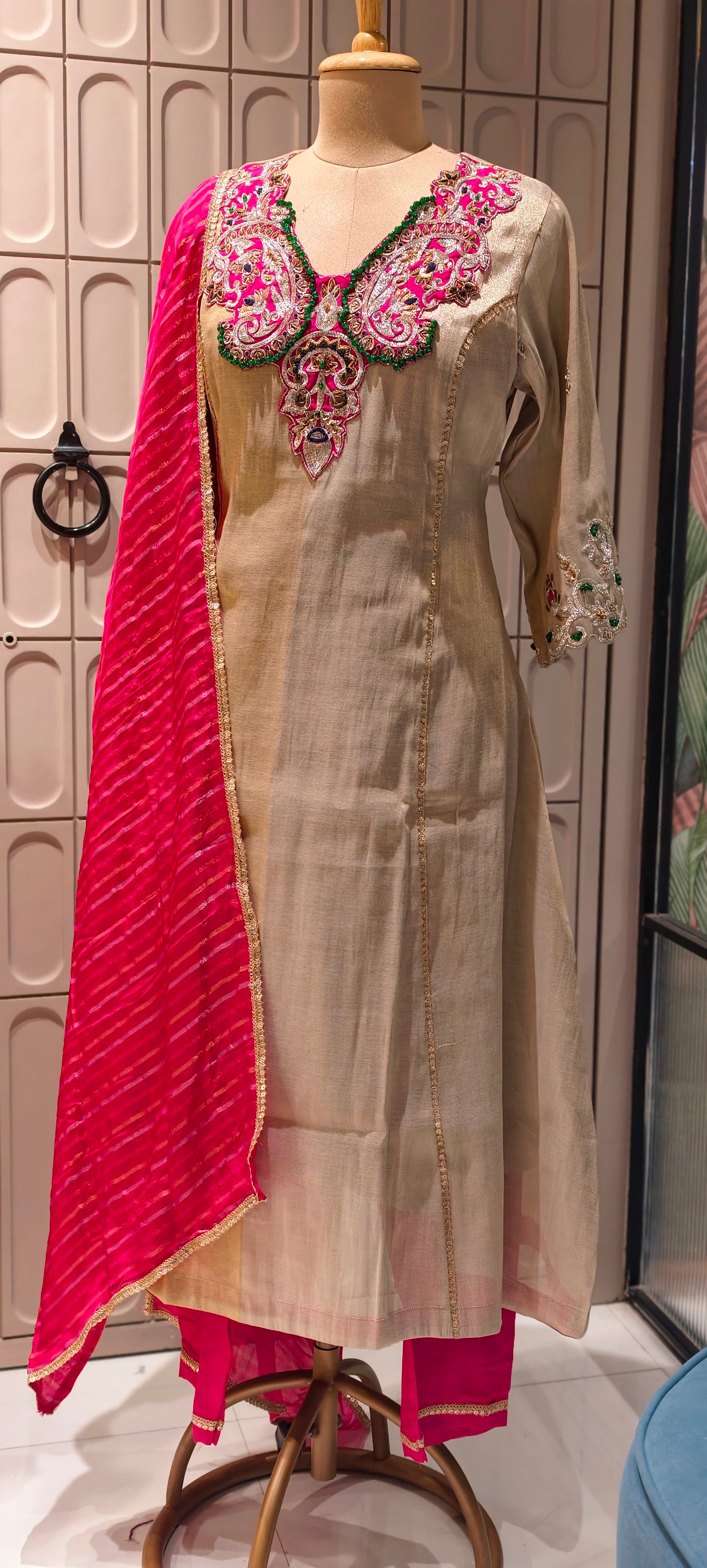 Luxury Designer Tissue Kurta Set with Hand Embellished Zari & Stone Work Neckline and Contrast  Dupatta-13809