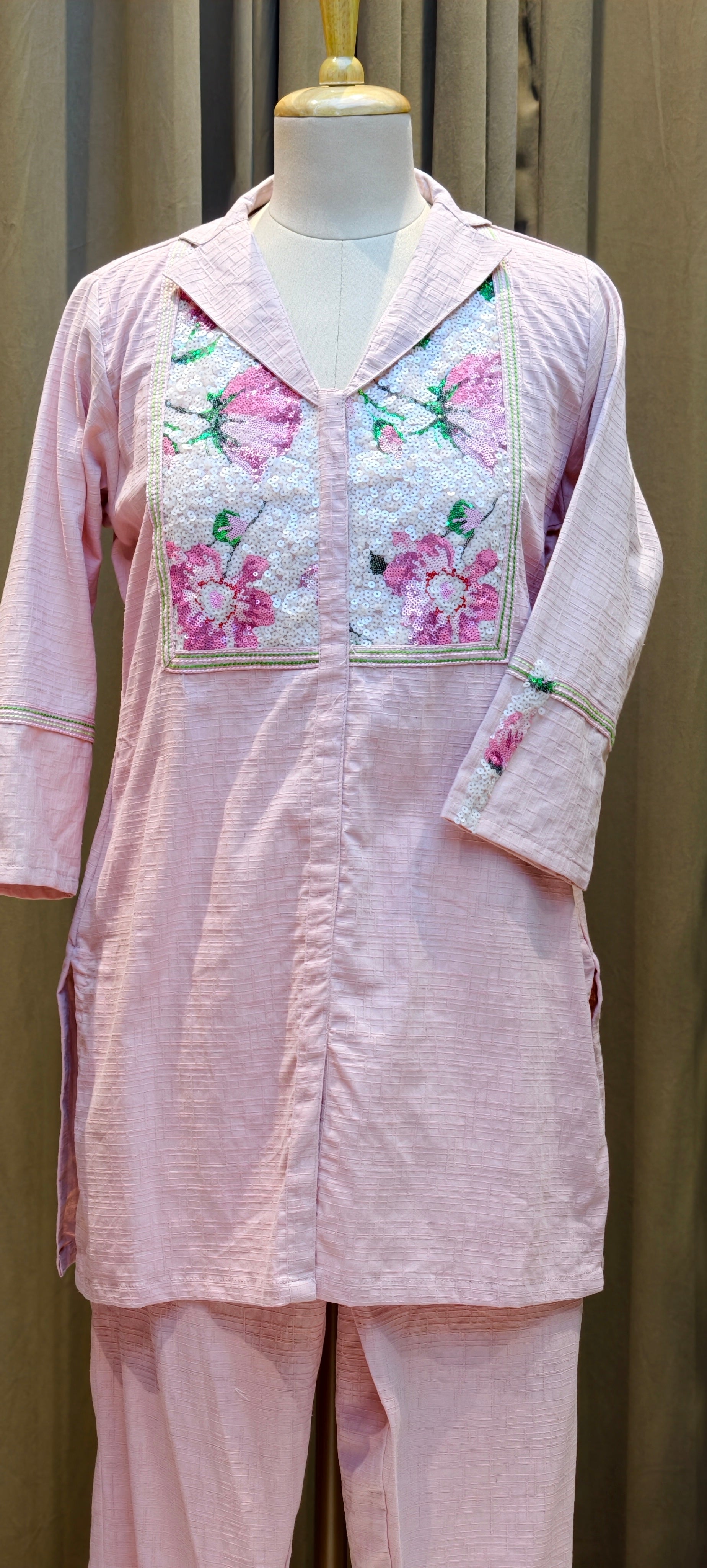 Beautiful Premium Cotton kurta pant set floral printed and embellished front panel-13932
