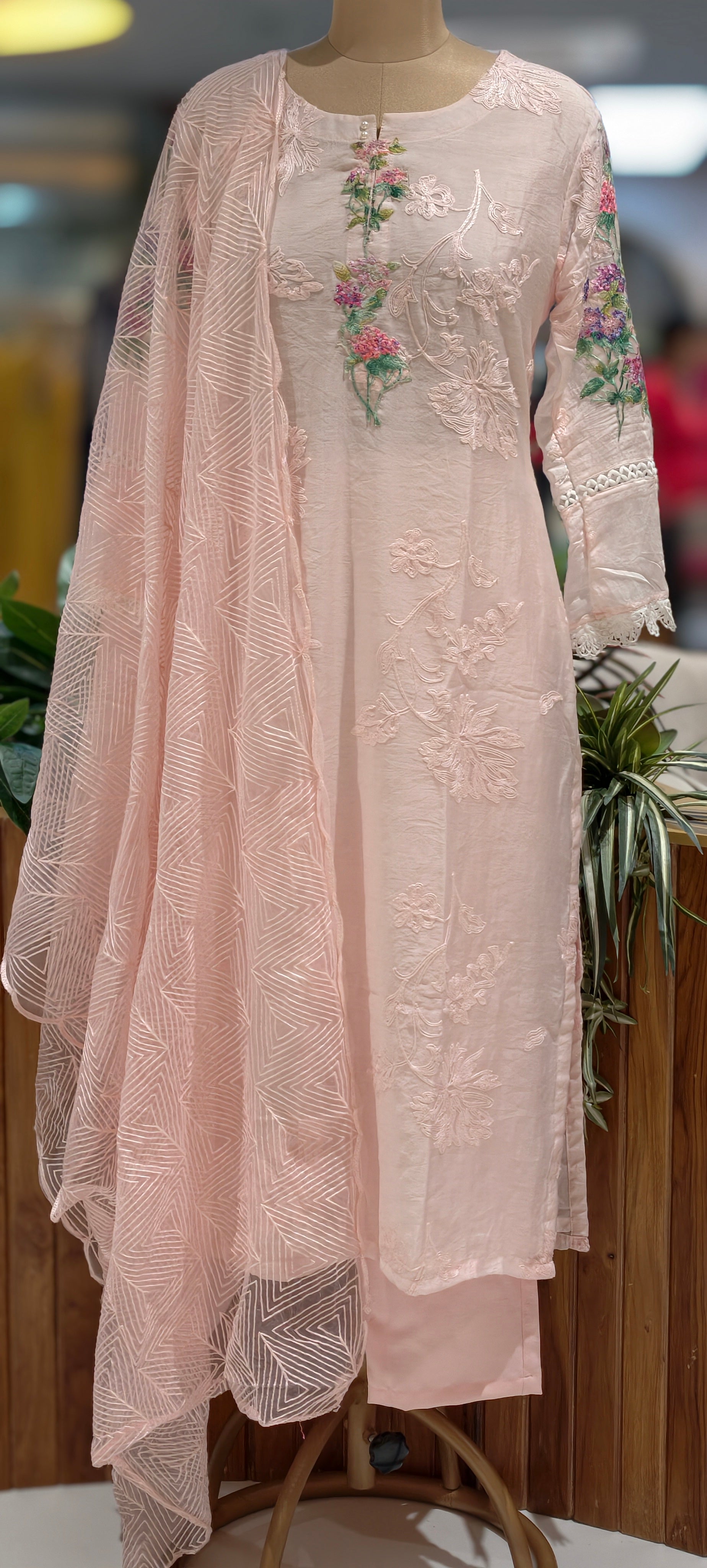 3D Floral Appliqués On Shoulder & Front Sheer Thread Embroidered Full Suit Set With Dupatta- 13681