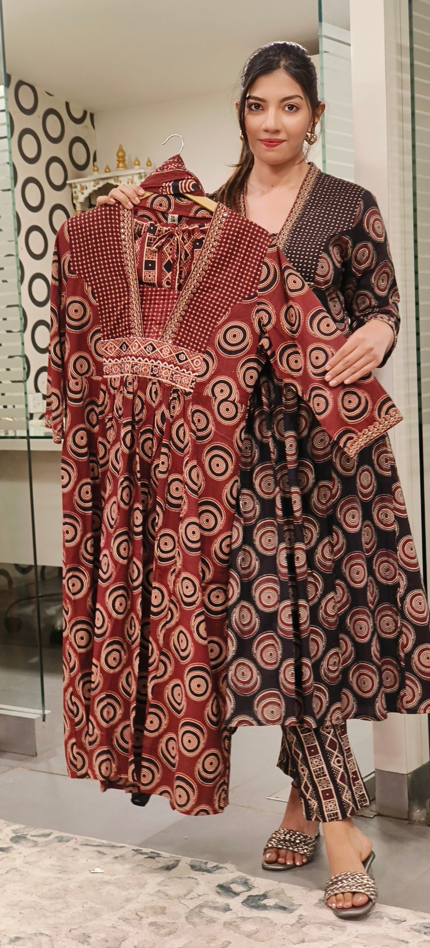 Elegant Pure Cotton Printed A-Line Kurta with V-Neckline, Coordinated Pants, and Dupatta – Perfect for Effortless Grace