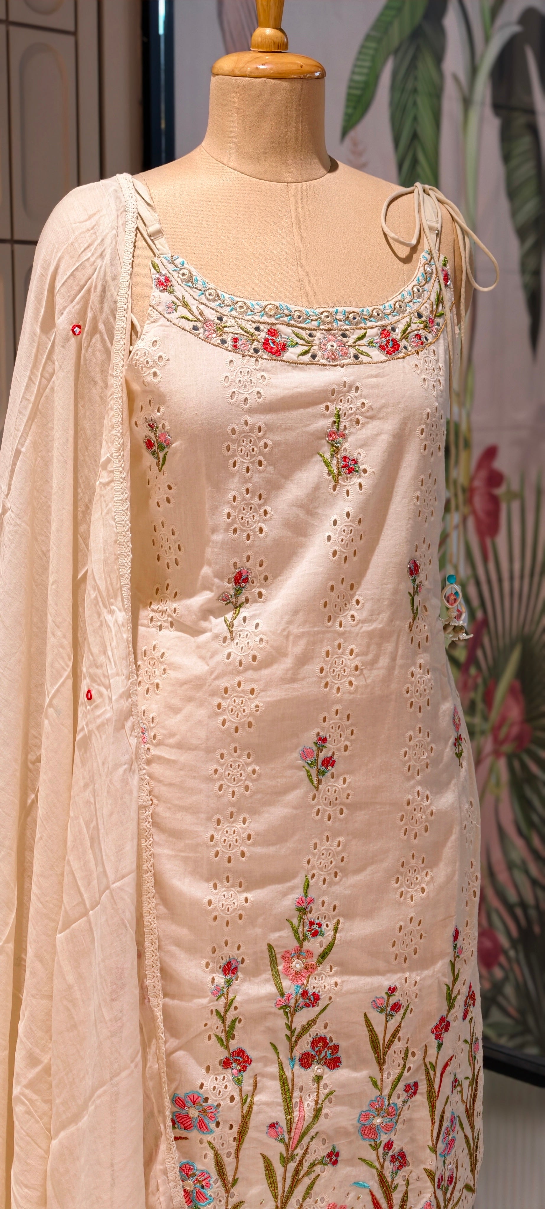 Elegant Sleeveless Noodle Strap Kurti with Skirt Set – Floral Embroidered Designer Suit 13959 RB14