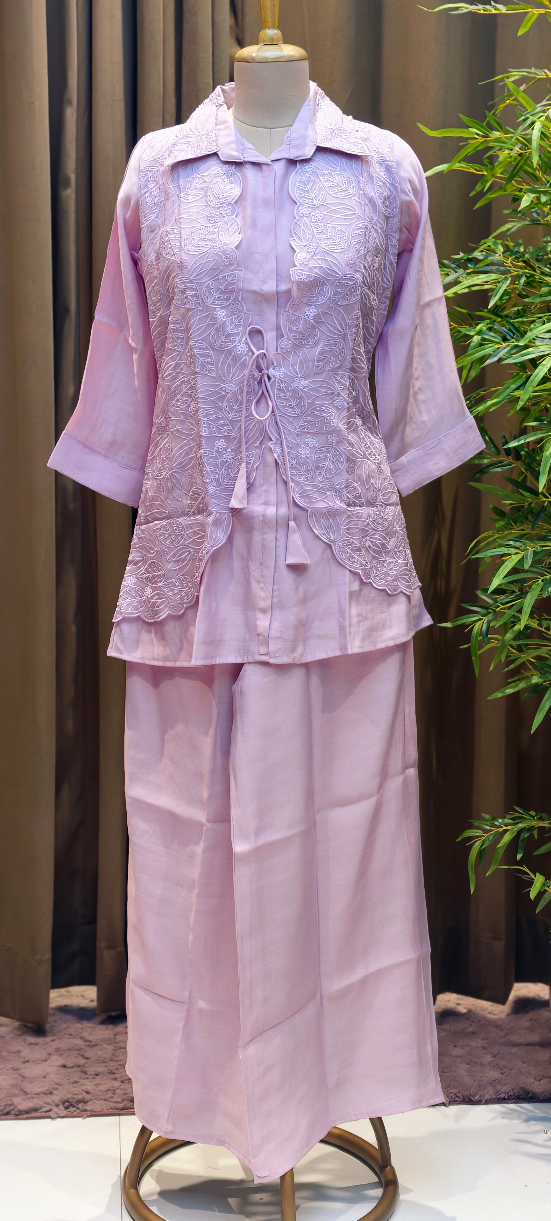 Pastel Surat Mul Chanderi Kurta Set with Statement Embroidered Attached Jacket-13904