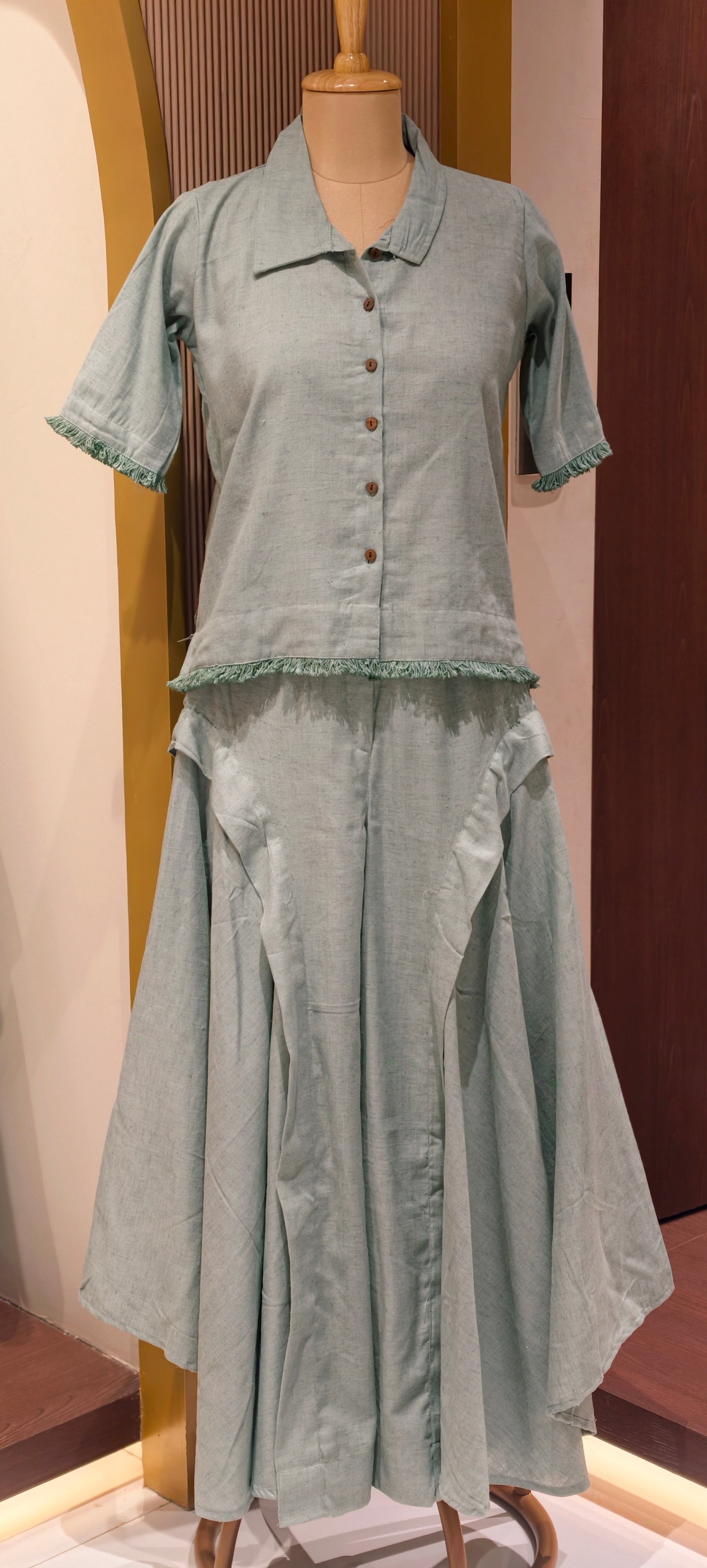 Handloom Cotton Shirt Co-Ord Set with With Short Top & Statement Flared Bottom Pants-14192 RB177