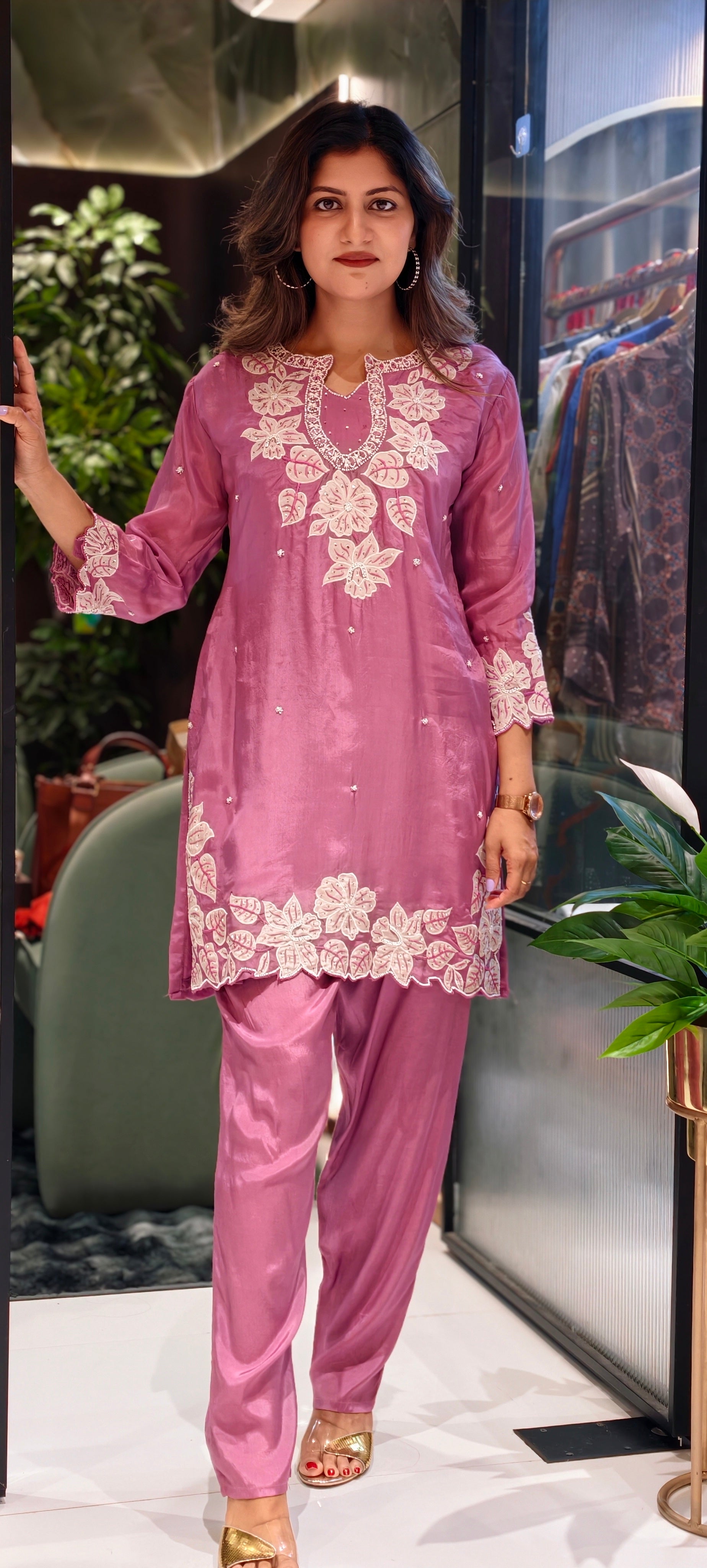 Ethereal Blooms: Hand-Embroidered Organza Silk Co-ord Set with Scalloped Lace Detailing13917