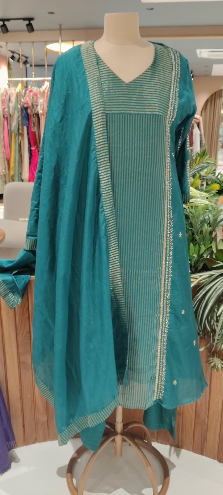 Golden Stripes Intricate Sequin Embroidery Banarasi Mul Chanderi A-Line Full Suit Set With Matching Dupatta- 16339