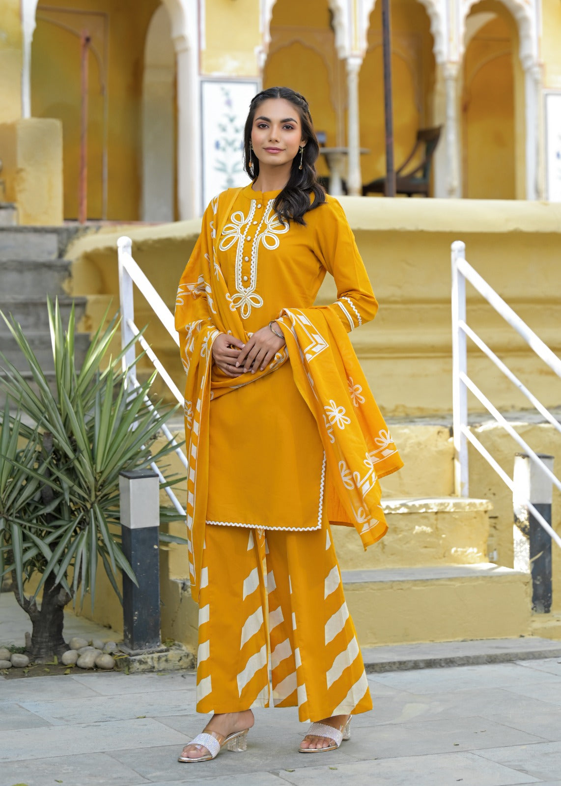 Summer Wear Embroidered Cotton Kurta With Taper Palazzo With Dupatta-12210,12211,12212,12209