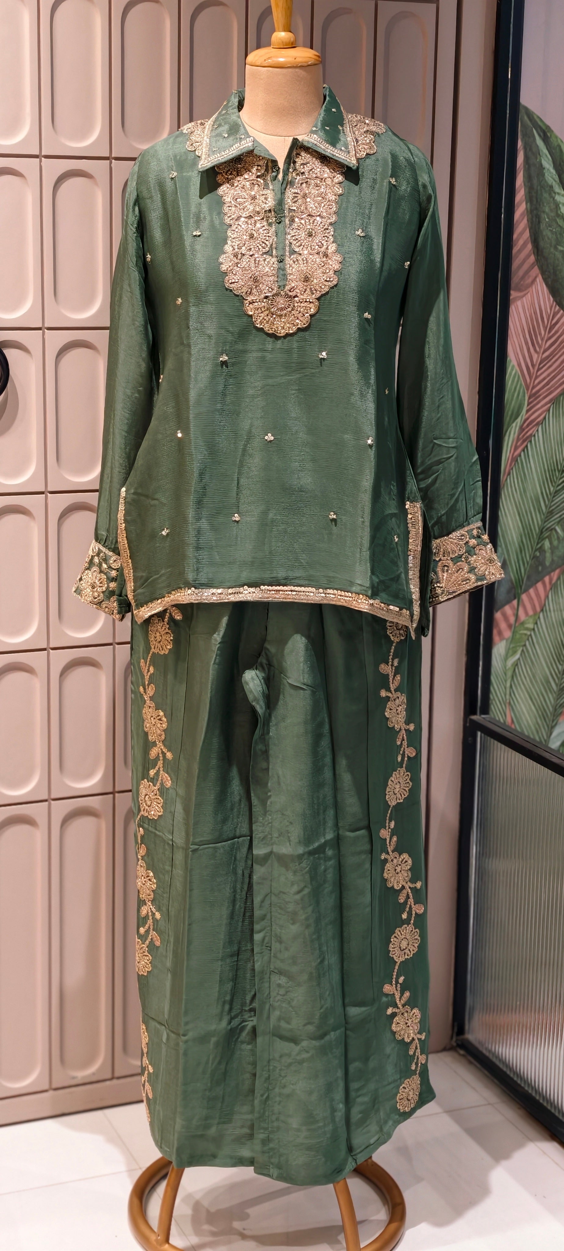 Designer Shirt Style Kurta Luxury Chinon Fabric Co-Ord Set with Intricate Embroidery 13996 RB07