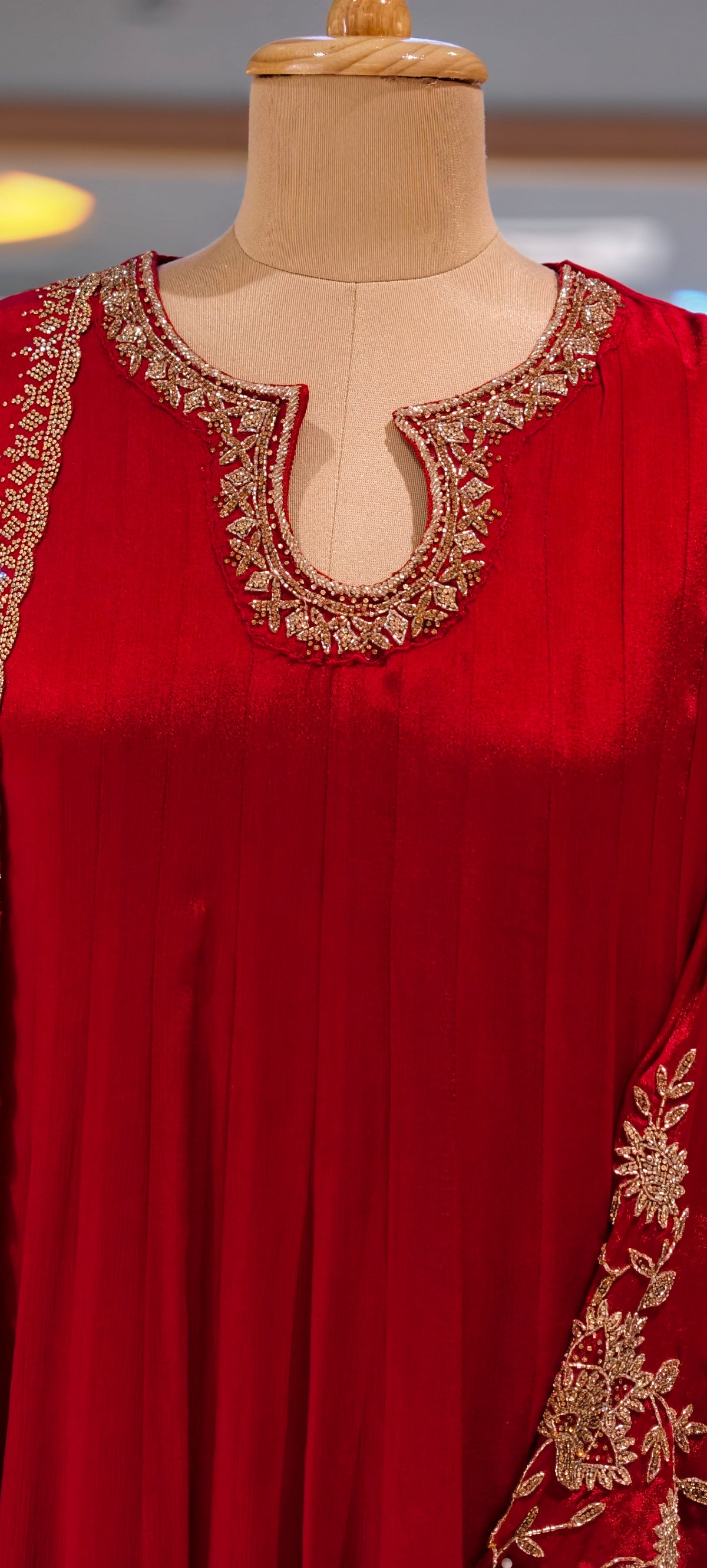 Chinon Anarkali Suit Floor Length with Heavy Golden Embroidered Dupatta, Intricate cutdana Work on Neck 16917