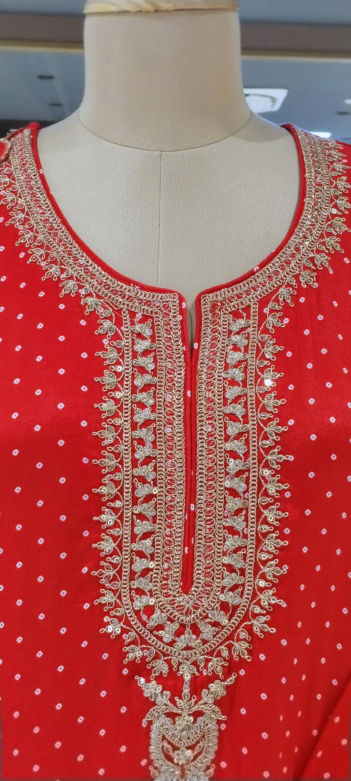 Bandhani Print Zardosi Sequin Neckline Vibrant Full Suit Set With Dupatta- 16406