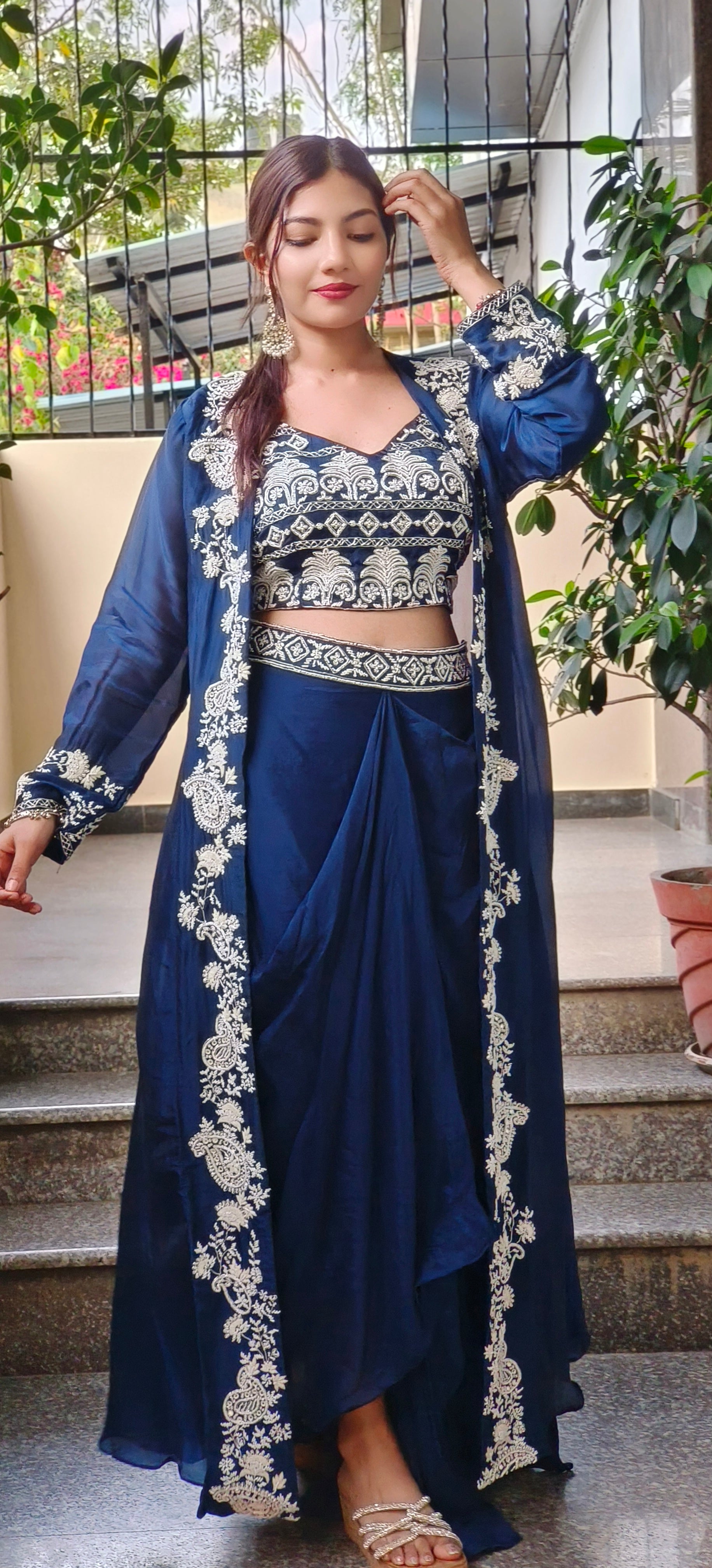 Designer Indo western croptop with skirt and organza shrug