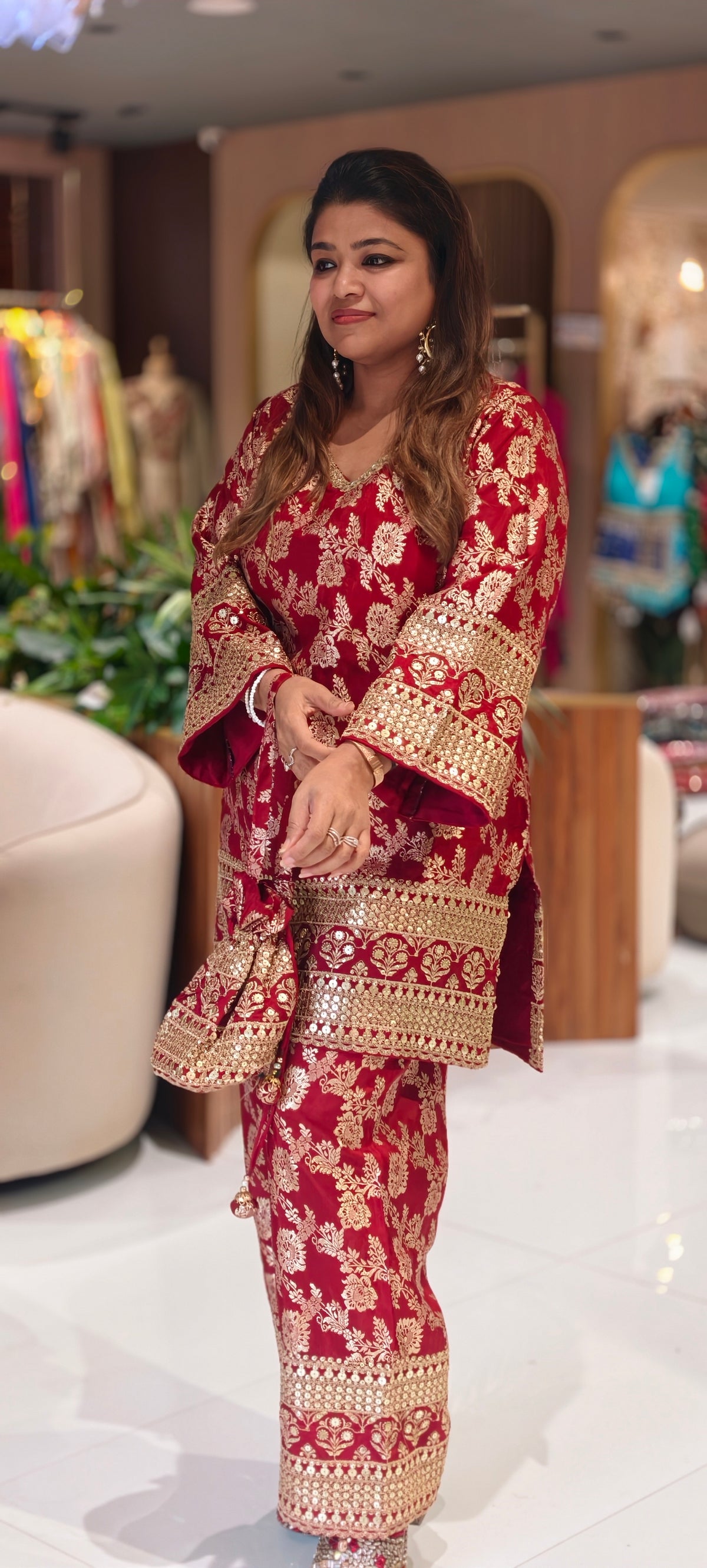 Royal Gold Foil Floral Printed Brocade Kurta Set with Heavily Embroidered Borders, Wide-Leg Palazzo Pants & Matching Potli Bag- 16868
