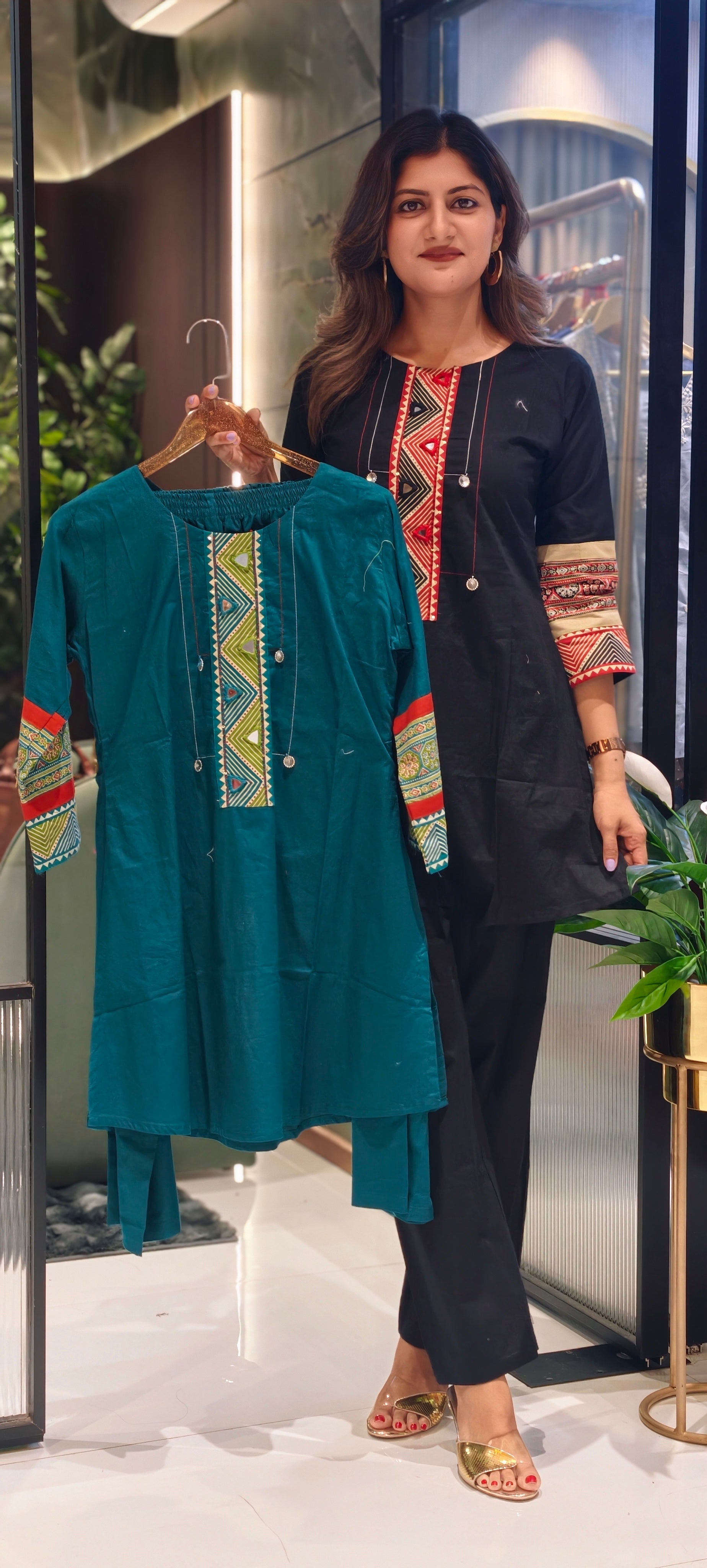 Tribal-Inspired Geometric Embroidery with Mirror Accents and Tailored Bottom-13794