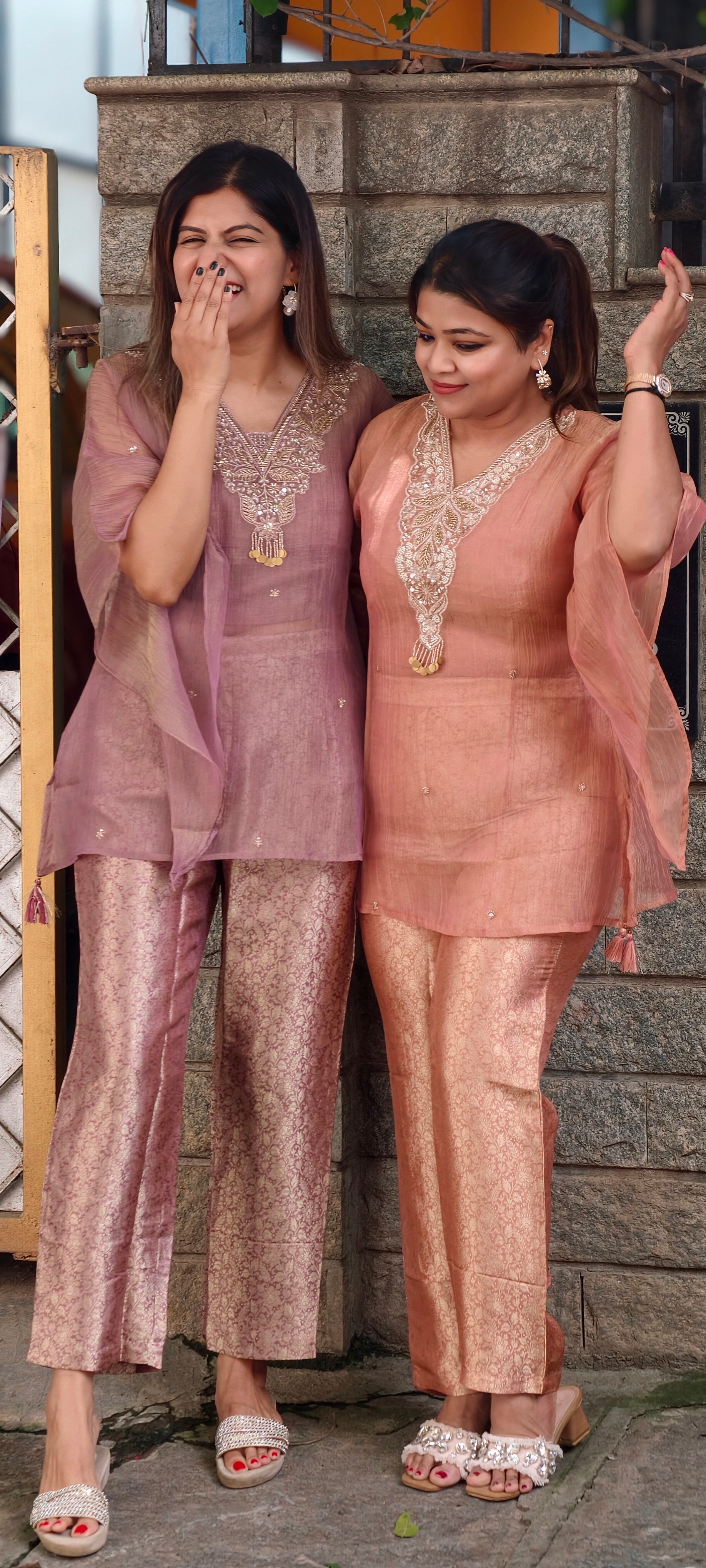 Intricate Beads With Cut-Dana Embroidered Neckline Crush Tissue Kaftan Style Sleeve Co-Ord Set With Brocade Bottom- 15967