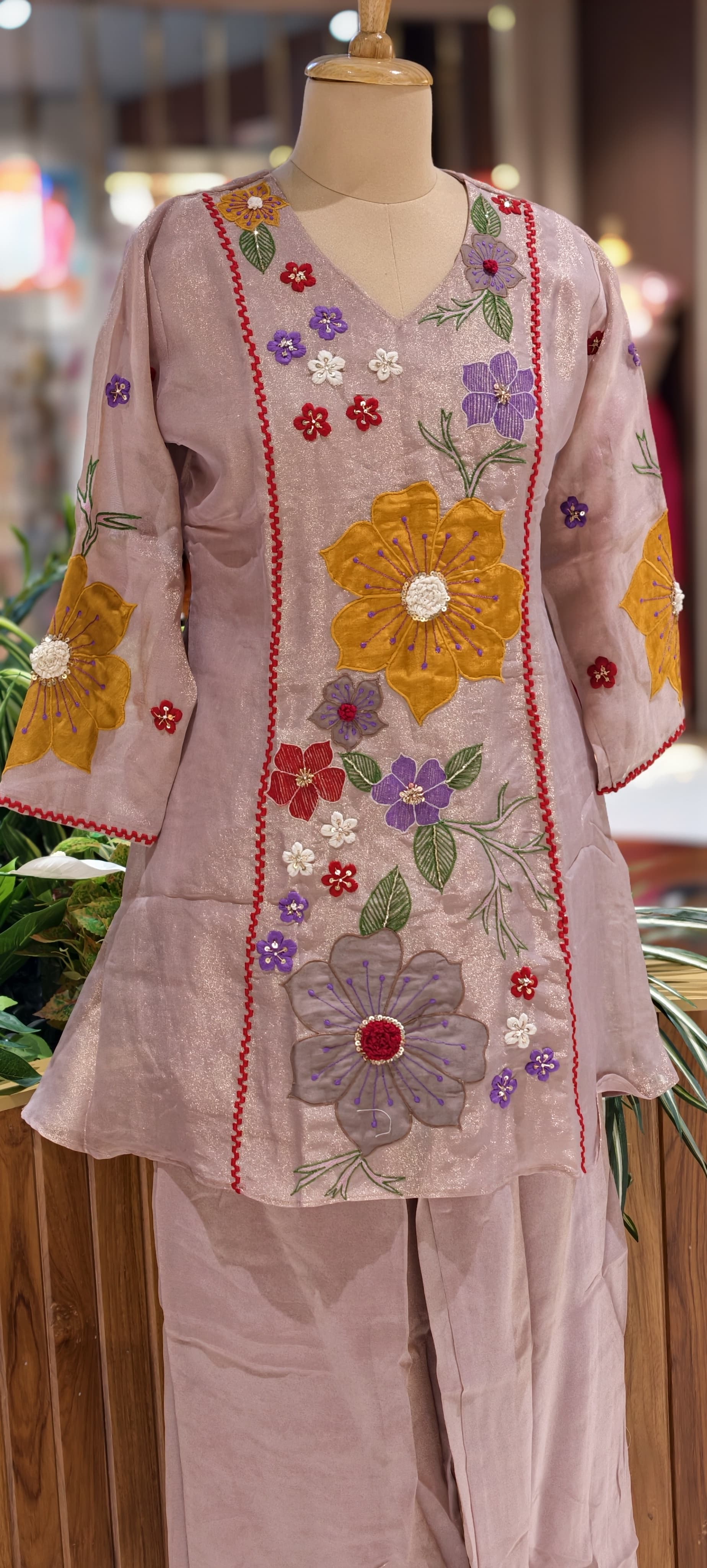 Luxury Shimmer Tissue Hand Embroidered Kurta with Palazzo Set-13812