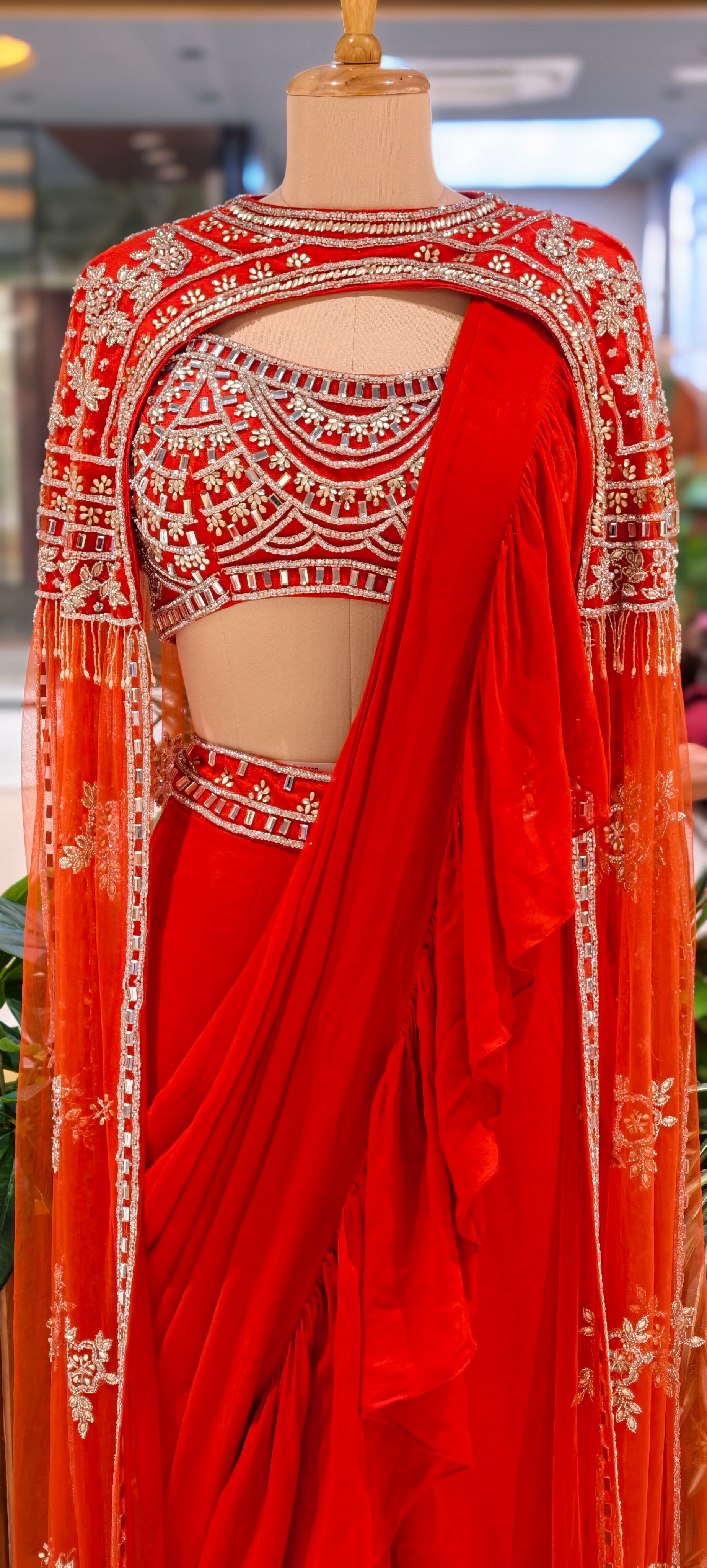 Elegant Rust Red Embroidered Drape Saree Set with Designer Cutwork Blouse & Ruffle Dupatta 14093 RB69