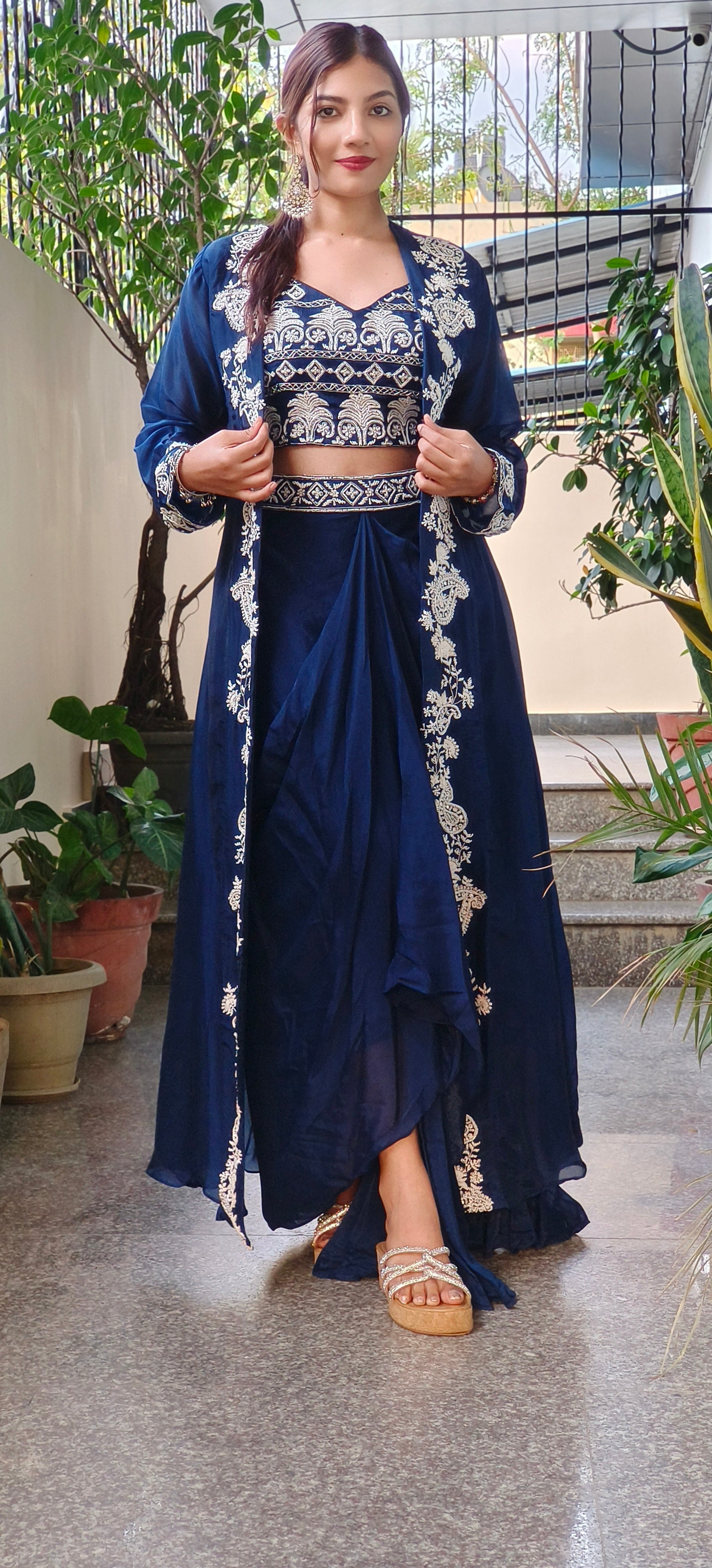 Designer Indo western croptop with skirt and organza shrug