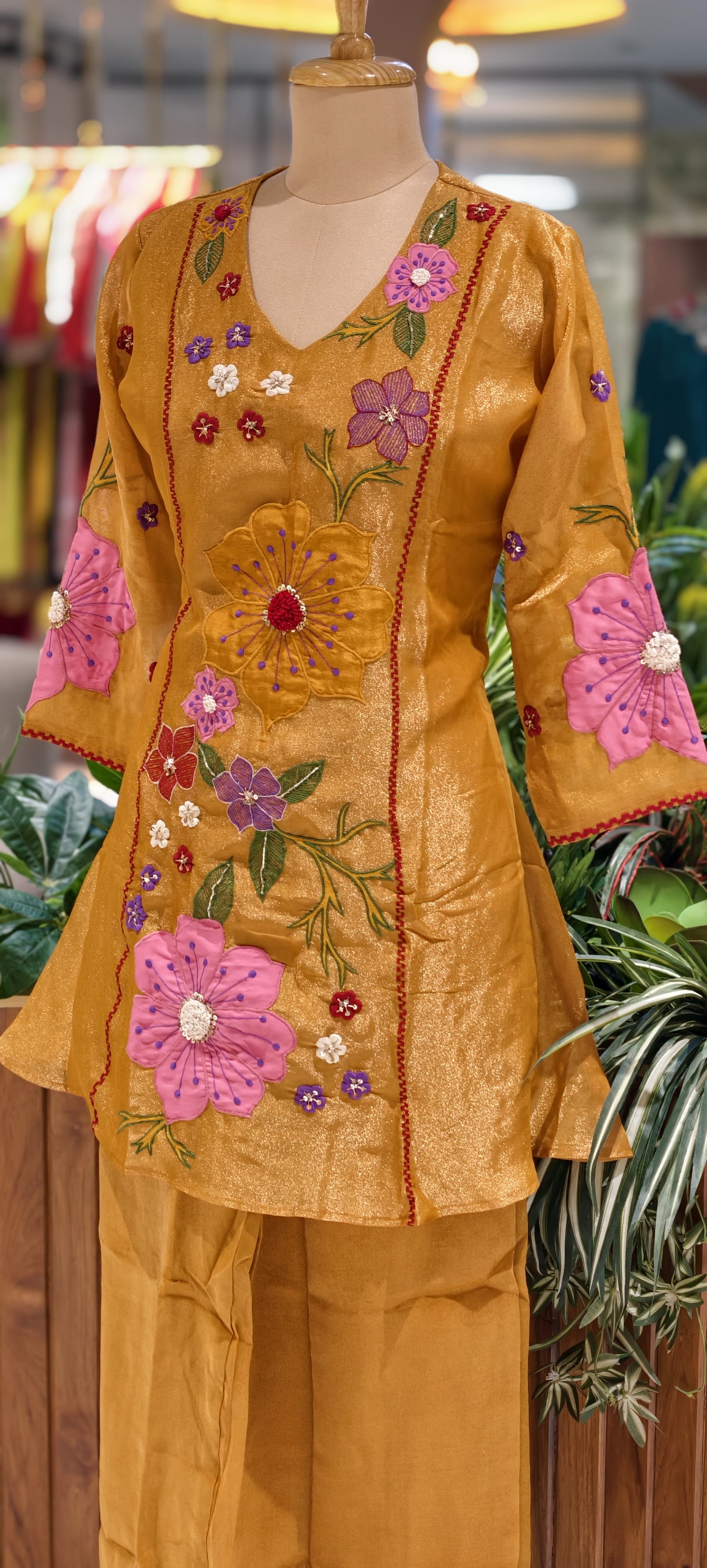Luxury Shimmer Tissue Hand Embroidered Kurta with Palazzo Set-13812