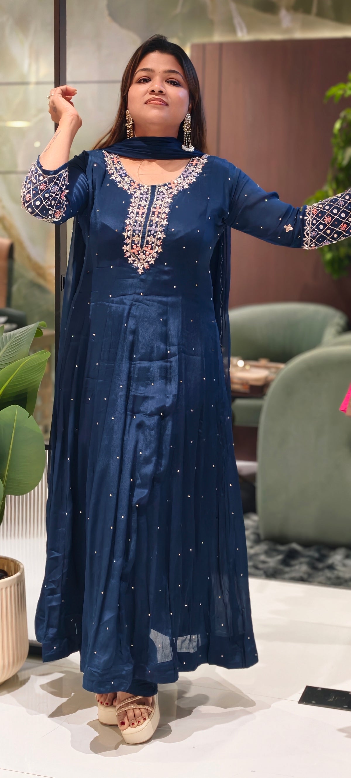 Royal Vibrant Shade Intricate Embroidered Neckline Scattered Stone Chinon Panel Anarkali Full Suit Set With Dupatta- 16328