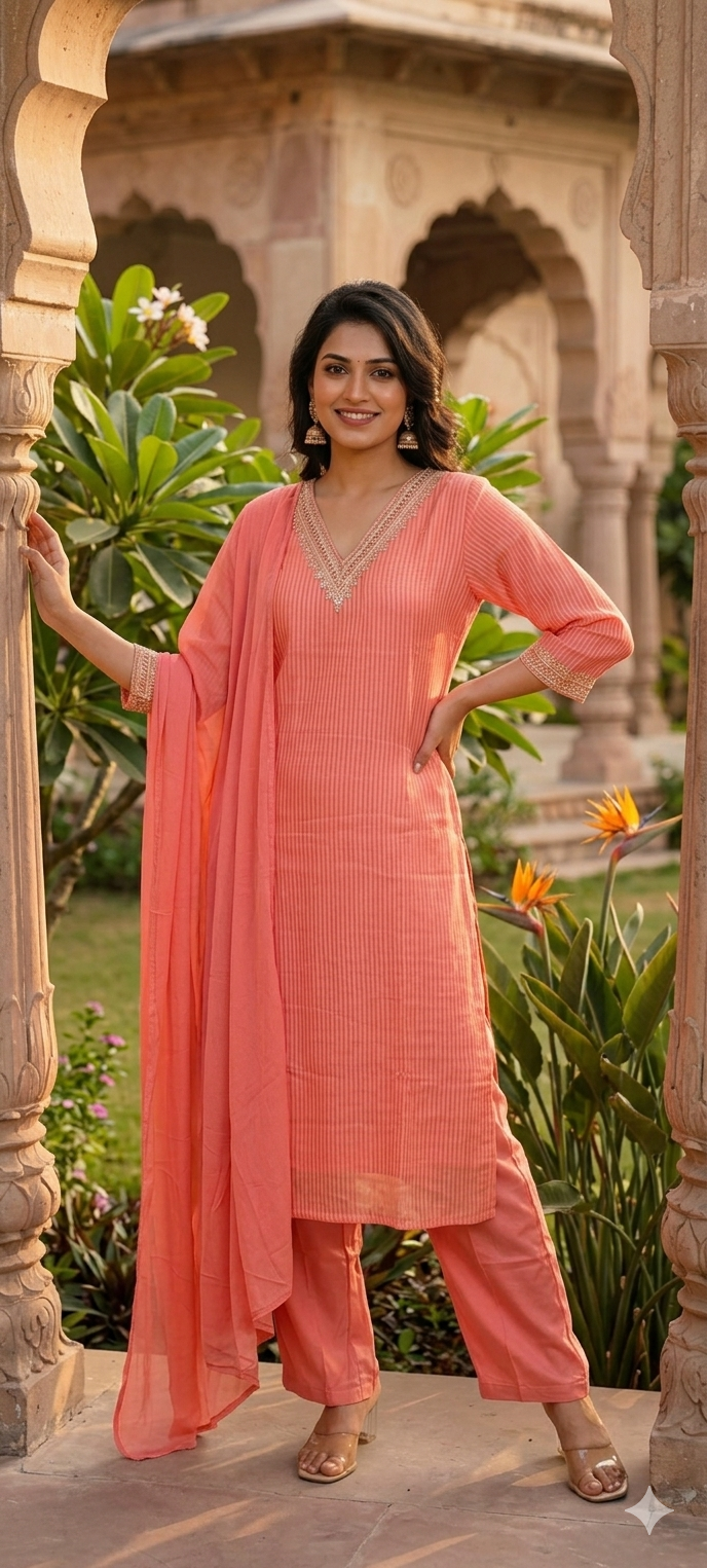 Premium Tissue Embroidered full Set with Pleated Texture & Designer Neckline RB46