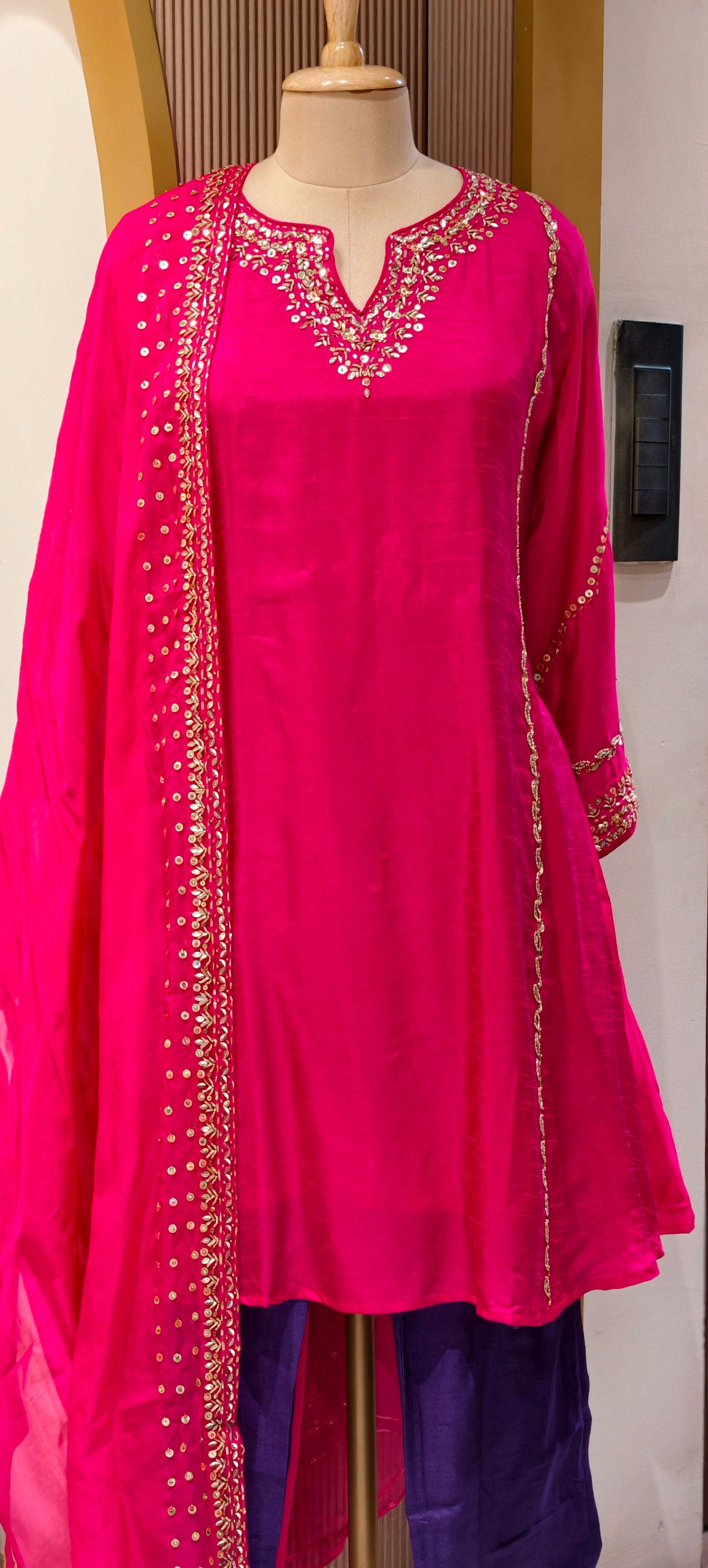 Tiny Sequin Detailing Hand Worked Contrast Mix Vibrant A-Line Full Suit Set With Dupatta In Russian Silk Fabric- 13808